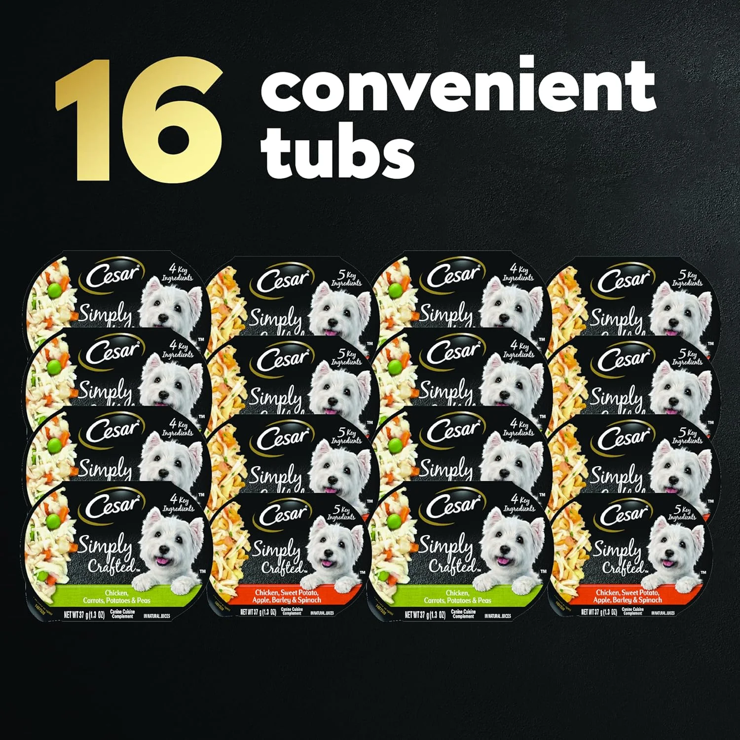 پک متنوع غذای سگ بالغ مرطوب CESAR Simply Crafted، طعم مرغ، هویج، سیب زمینی و نخود فرنگی و مرغ، سیب زمینی شیرین، سیب، جو و اسفناج، (8) وان 37 گرمی