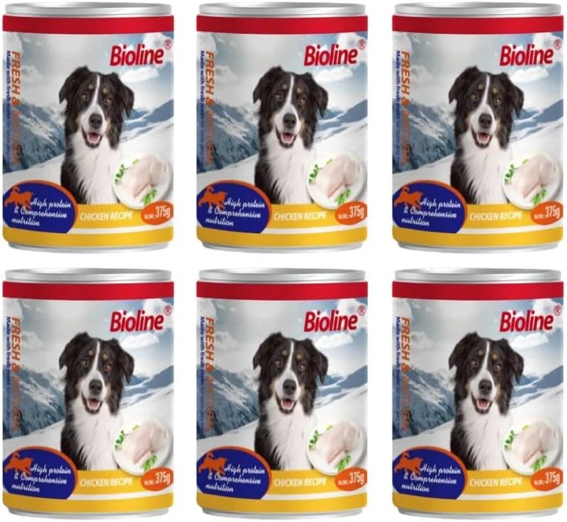 غذای کنسروی سگ بایولاین 375 گرمی – طعم گوشت مرغ – غذای مرطوب پر پروتئین برای سگ های بالغ – بدون غلات – بسته 6 عددی
