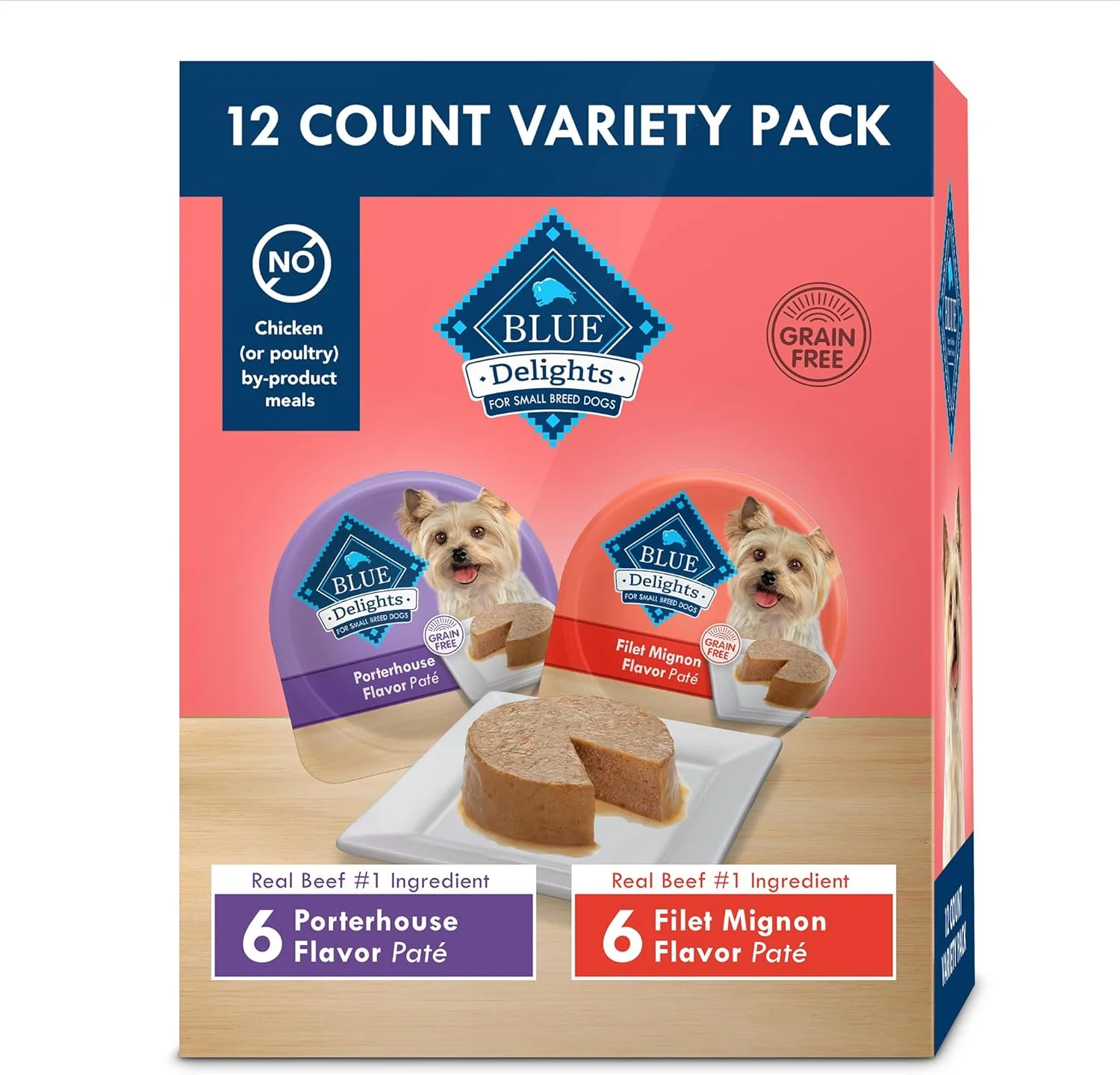 پک متنوع غذای سگ نژاد کوچک بالغ Blue Buffalo Divine Delights، طعم فیله مینیون در آب گوشت لذیذ و طعم پورترهاوس در آب گوشت لذیذ، 99 گرمی (بسته 12 عددی - 6 عدد از هر طعم)