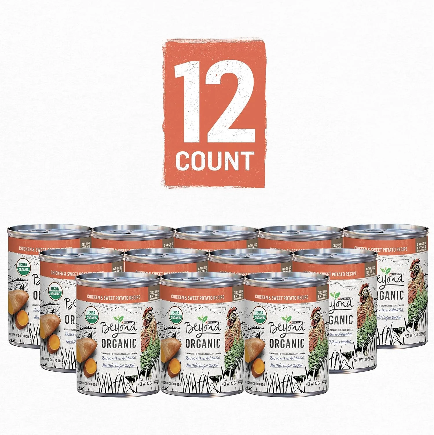 غذای مرطوب سگ ارگانیک بیاند پورینا، غذای کامل ارگانیک با طعم مرغ و سیب زمینی شیرین برای سگ های بالغ - (12) قوطی 368 گرمی