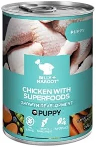 غذای مرطوب سگ توله سگ بدون غلات بیلی + مارگو، بسته 12 عددی قوطی 395 گرمی، دستور پخت مرغ کاملا طبیعی با سوپرفودها