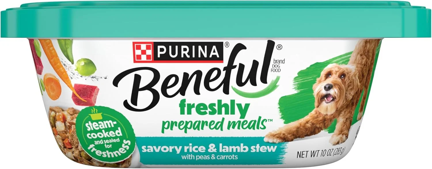 غذای مرطوب سگ با پروتئین بالا Beneful Purina با آب گوشت، وعده های غذایی آماده خوراک برنج و بره خوش طعم - (8) ظرف 10 اونسی