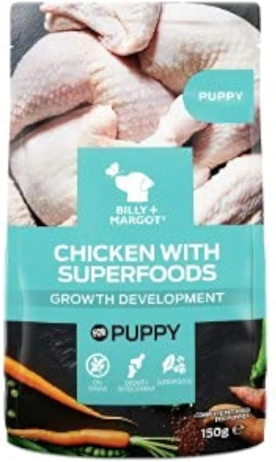بیلی + مارگو، غذای توله سگ با طعم مرغ و سوپرفودها، بسته 150 گرمی
