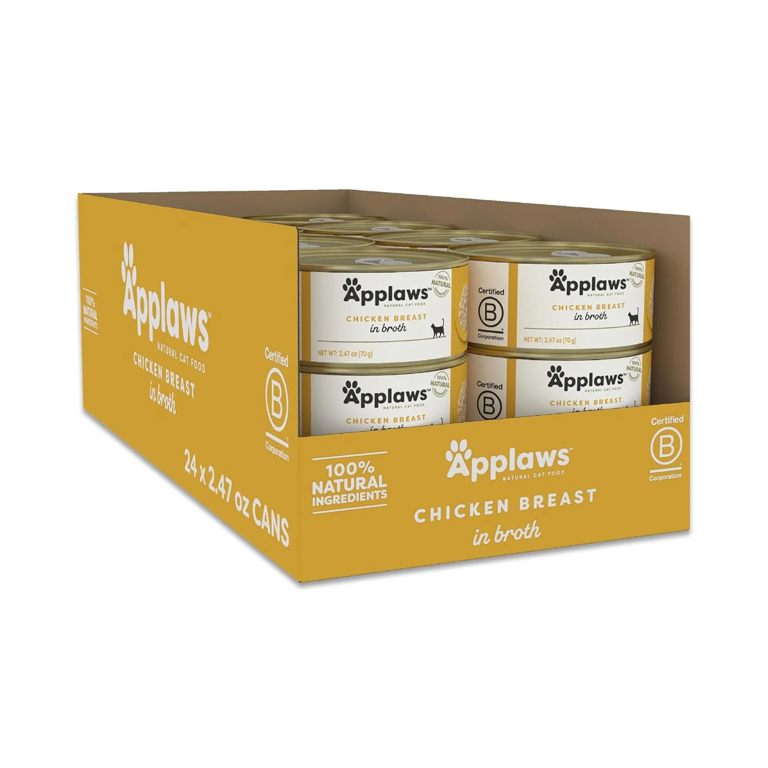 غذای مرطوب طبیعی گربه اپلاز، 24 عدد، غذای مرطوب کنسروی با مواد محدود، سینه مرغ در آب گوشت، قوطی های 70 گرمی