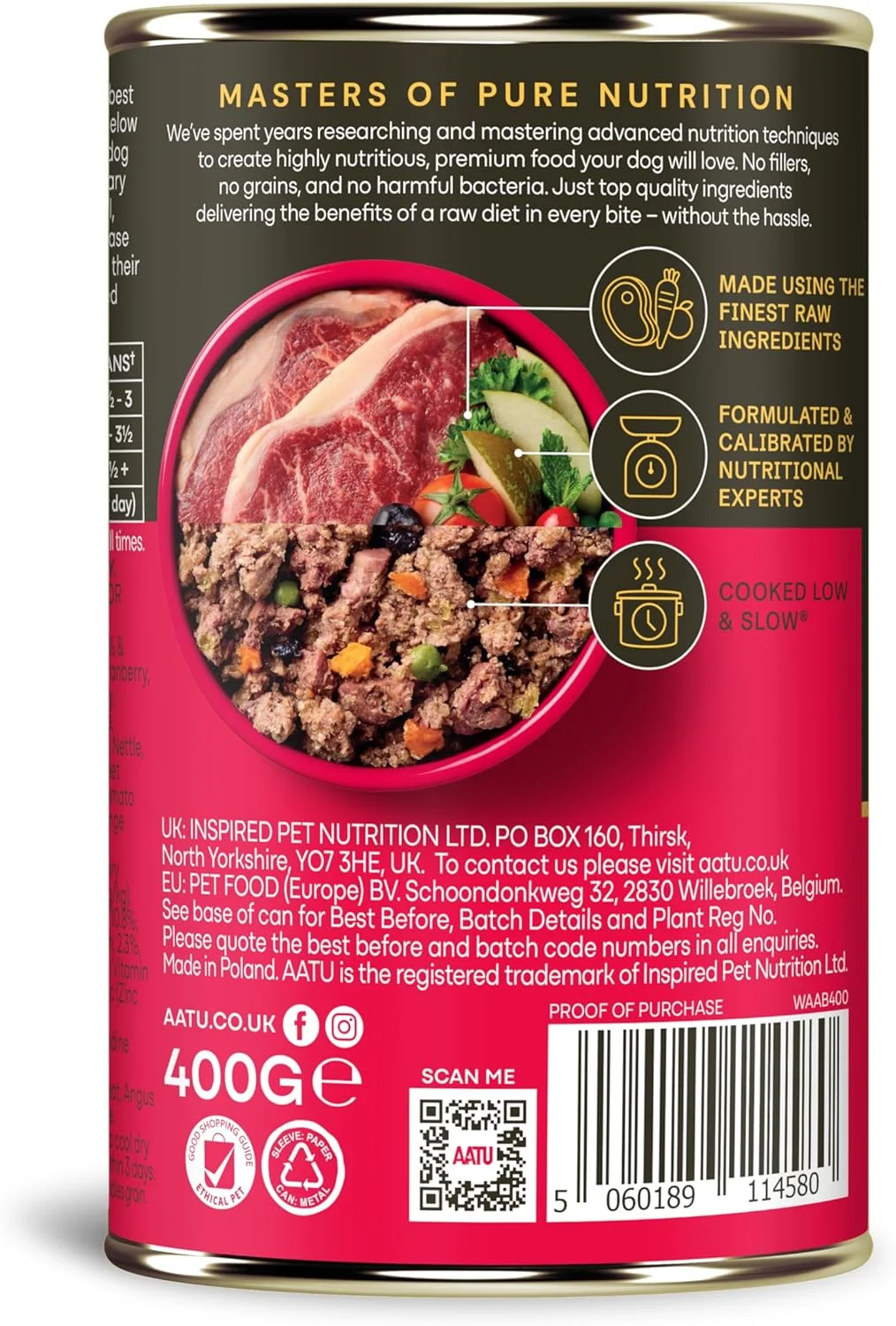 غذای مرطوب سگ AATU 90/10 در قوطی - گوشت گاو آنگوس (6x400 گرم) - دستور پخت بدون غلات - بدون مواد مصنوعی