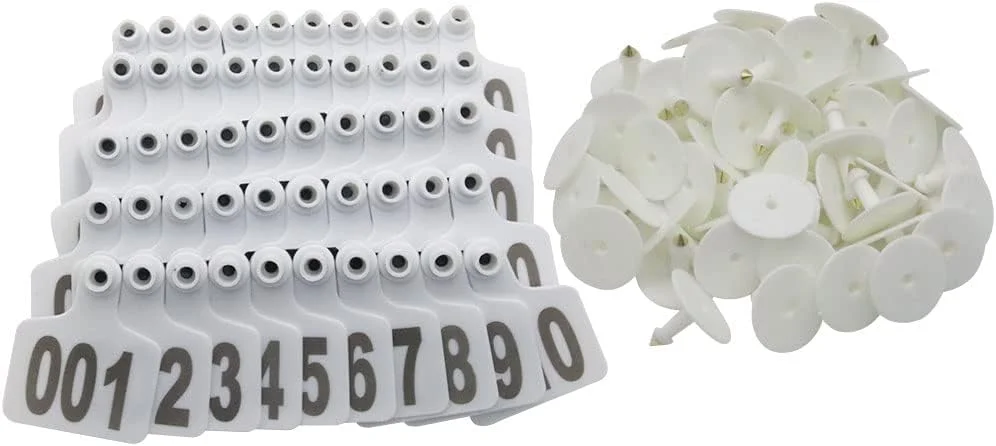 برچسب گوش گاو، برچسب های گوش دام پلاستیکی بزرگ برای گوسفند گاو گوساله خوک با شماره 001-100/101-200/201-300، برچسب های شناسایی حیوانات (سفید، 001-100)