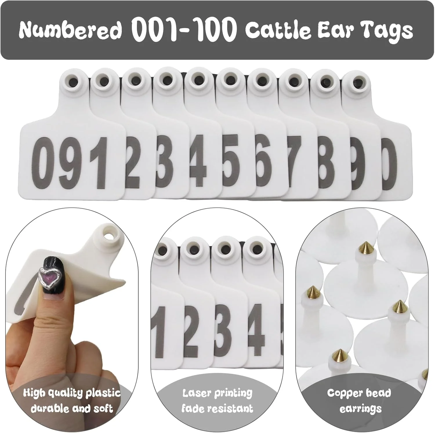 برچسب گوش گاو، برچسب های گوش دام پلاستیکی بزرگ برای گوسفند گاو گوساله خوک با شماره 001-100/101-200/201-300، برچسب های شناسایی حیوانات (سفید، 001-100)