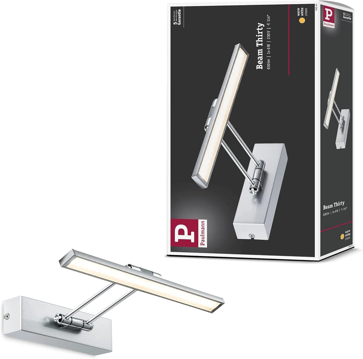 چراغ تصویر گالریا Paulmann 99894، چراغ LED برای روشنایی تصاویر، مدل Beam Thirty، چراغ گالری 5 وات، چراغ روکار، نورافکن نیکل برس خورده به همراه لامپ