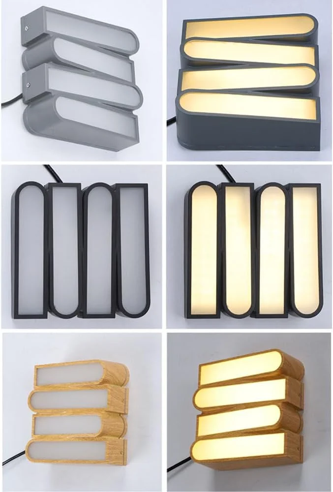 چراغ دیواری آلومینیومی/چوبی، چراغ دیواری بیرونی، چراغ مدرن سرسرایی با حباب شیشه ای، روشنایی نصب شده روی دیوار 6000K / 3000K، چراغ وال واشر کتابی شکل، ضد آب، مناسب دکور دیوار برای راهرو، کافه، مشکی/خاکستری/چوبی