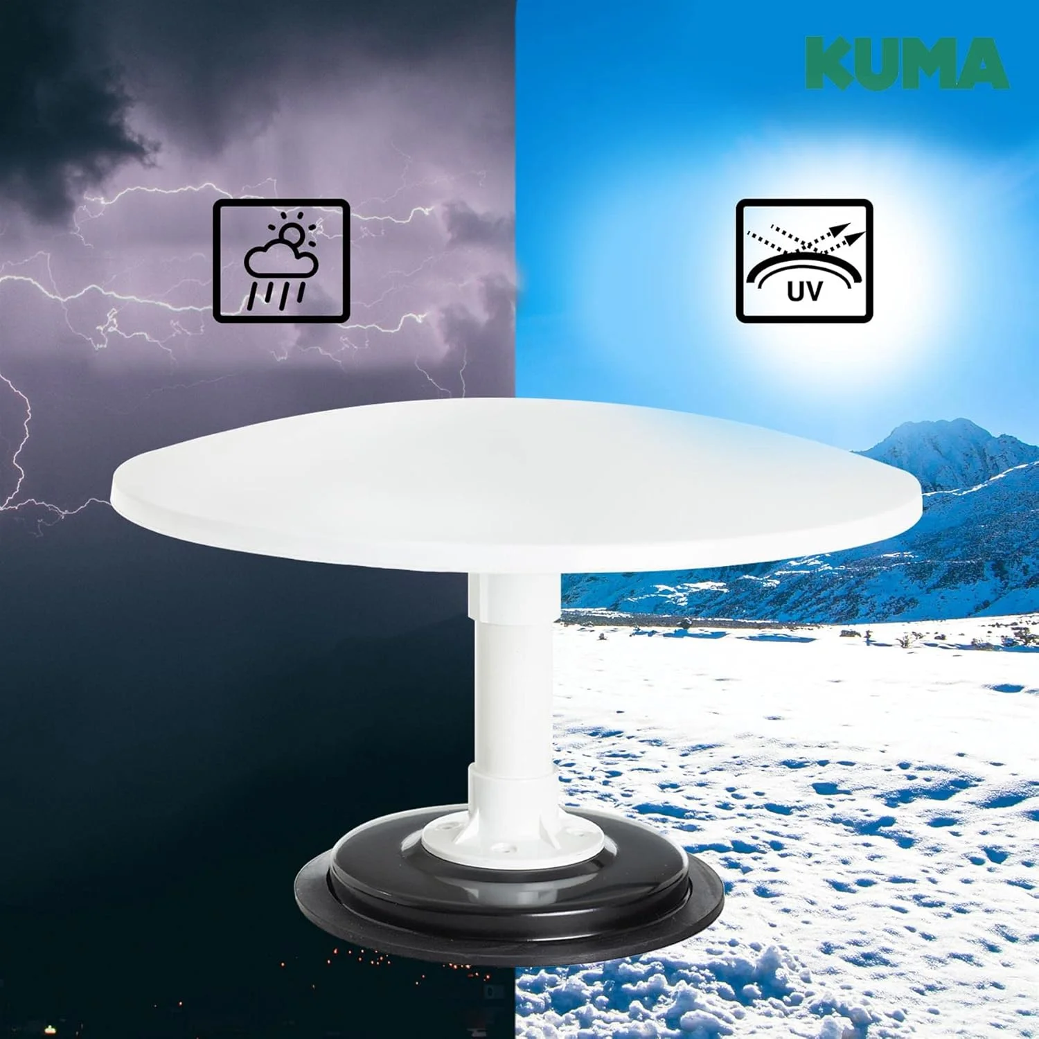 آنتن تلویزیون HD با ولتاژ 12/24 ولت KUMA Cosmos با پایه مغناطیسی برای استفاده قابل حمل در فضای باز. همه جهته برای دریافت 360 درجه. ایده آل برای RV و کاروان ها. ضد آب جمع و جور با ضد UV