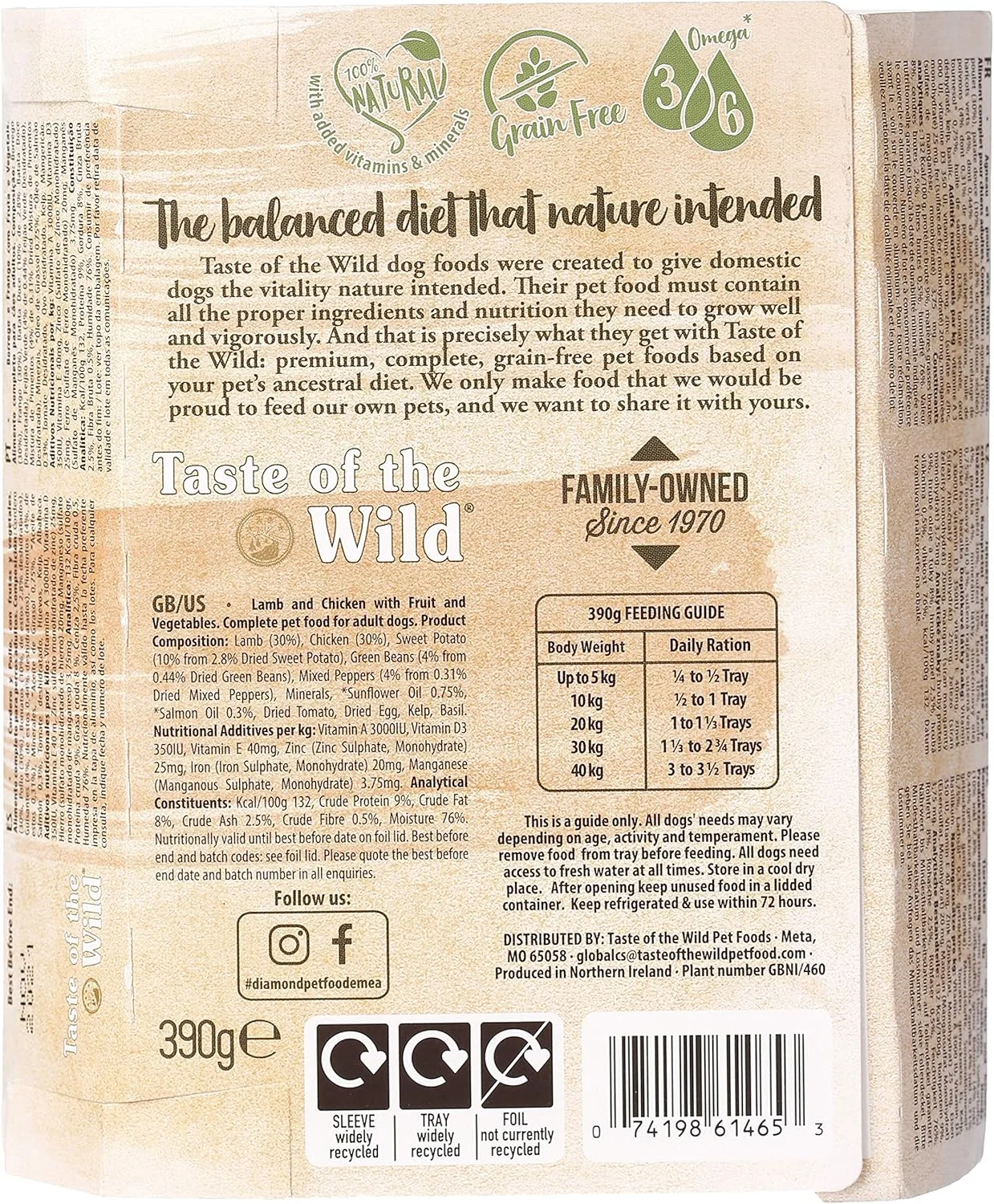 غذای مرطوب سگ با طعم بره، میوه و سبزیجات Taste of the Wild، بسته 390 گرمی