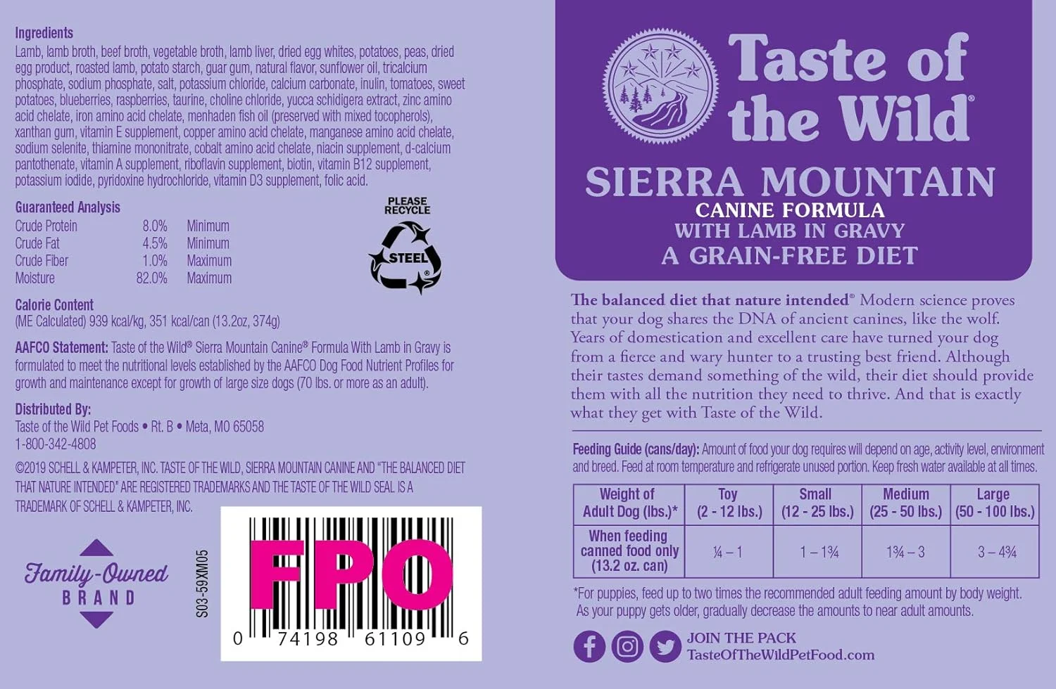 غذای سگ طعم طبیعت، کوهستان سیرا با طعم بره در آب گوشت، رژیم غذایی بدون غلات، 374 گرم، غذای مرطوب سگ