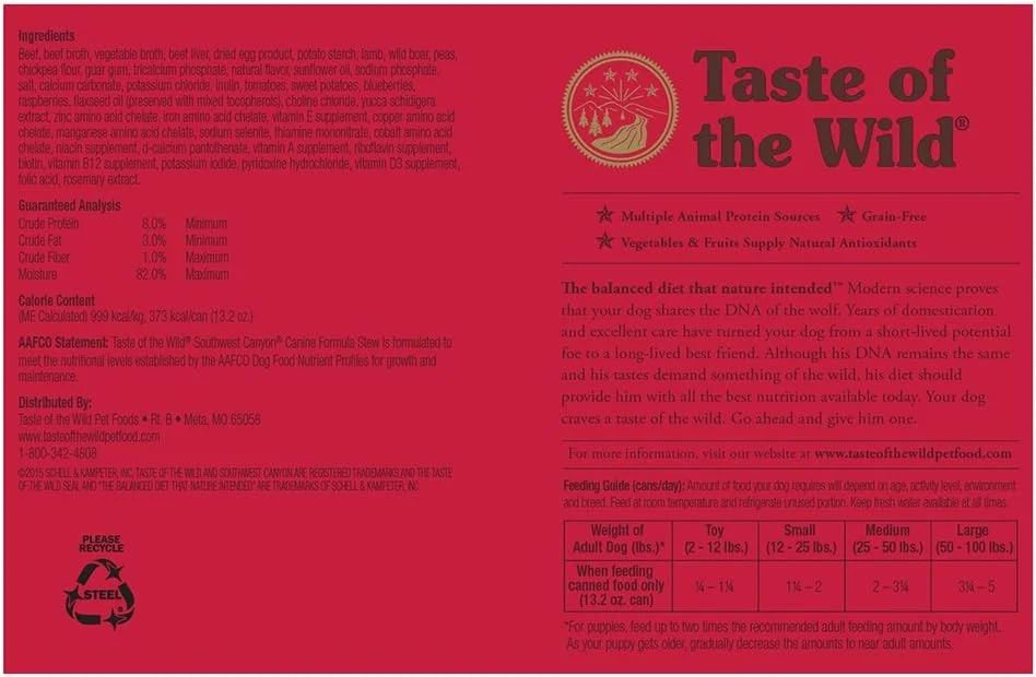 غذای سگ طعم طبیعت، بدون غلات، خوراک خورش کنسروی سگ با طعم گراز وحشی، مدل Southwest Canyon، وزن 374 گرم