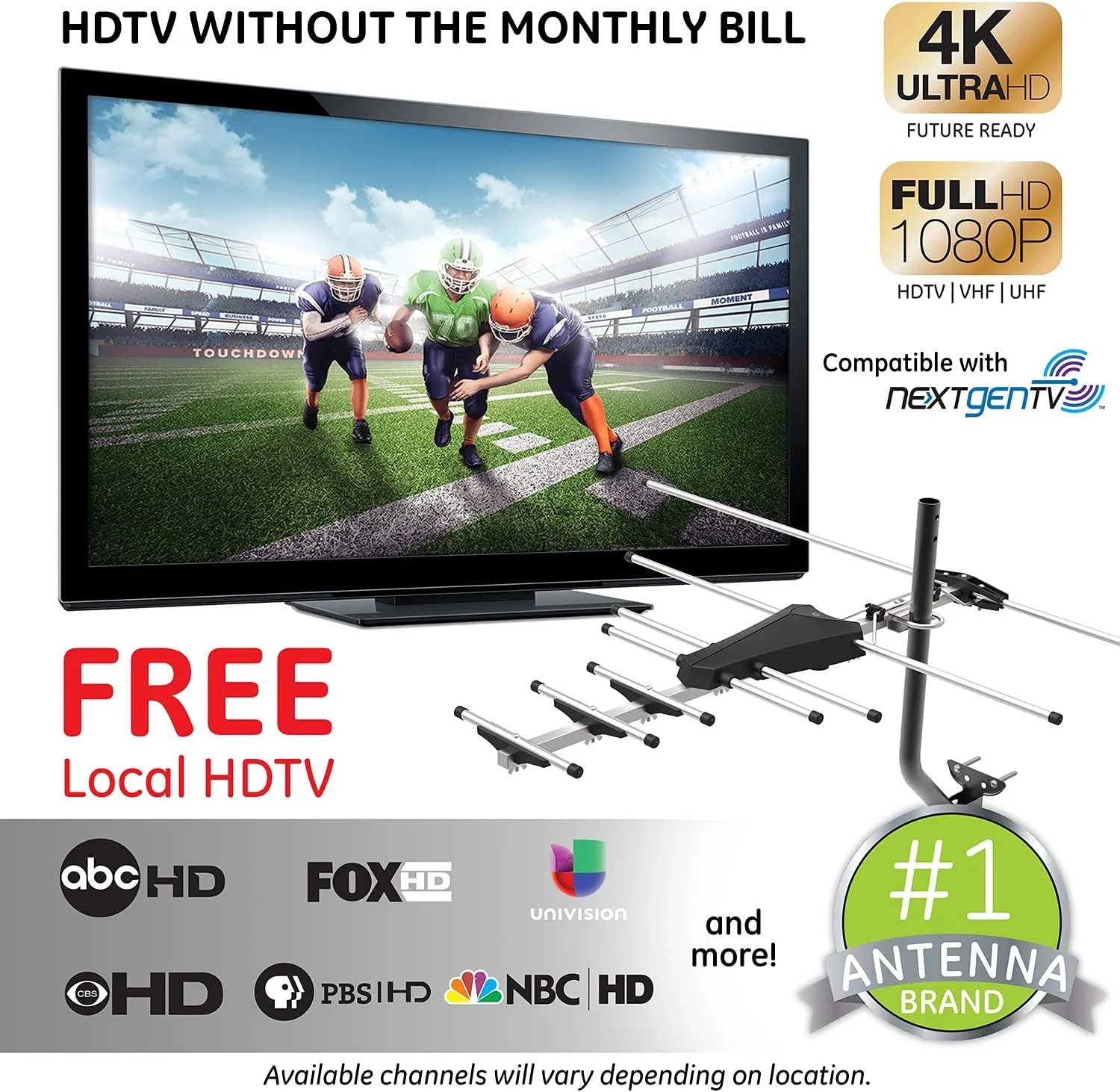 آنتن تلویزیون دیجیتال HD خارجی GE، آنتن HDTV OTA دوربرد، طراحی سبک یاگی، پشتیبانی از تلویزیون هوشمند 4K 1080P HD VHF UHF، شامل پایه J برای اتاق زیر شیروانی یا فضای باز، مقاوم در برابر آب و هوا، 33685