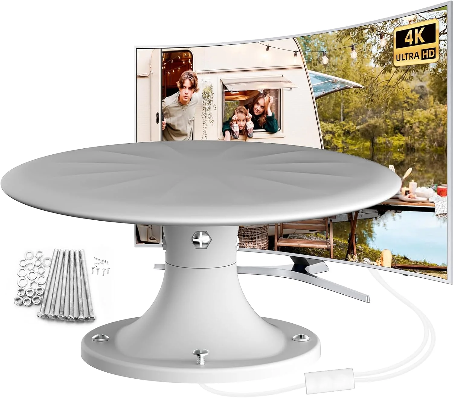 آنتن تلویزیون RV بیگفیکسو، نصب روی سقف - آنتن دیجیتال HD تقویت شده برای کمپر، تریلر، کامیون، کاروان، قایق - کابل کواکسیال HDTV 32.8FT (سفید)