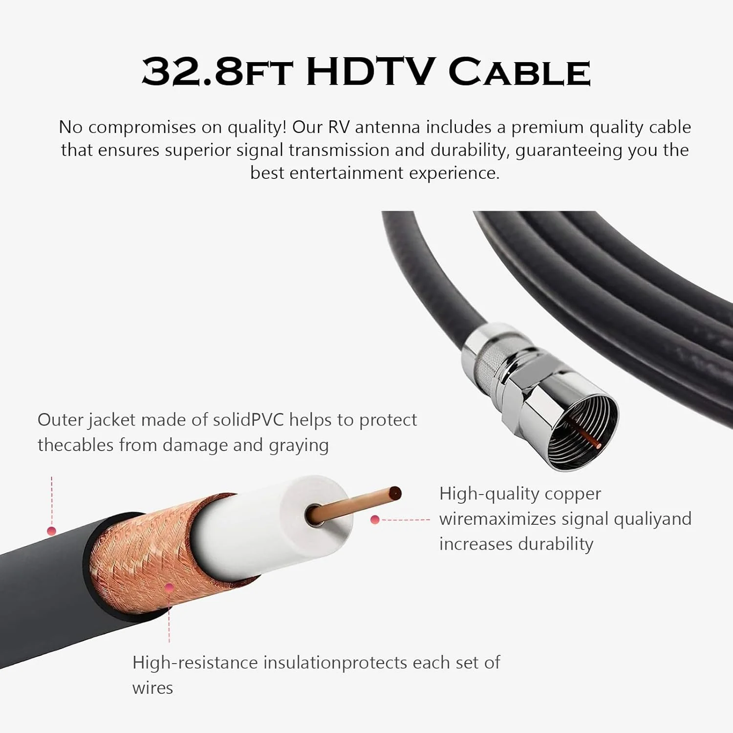 آنتن تلویزیون RV بیگفیکسو، نصب روی سقف - آنتن دیجیتال HD تقویت شده برای کمپر، تریلر، کامیون، کاروان، قایق - کابل کواکسیال HDTV 32.8FT (سفید)