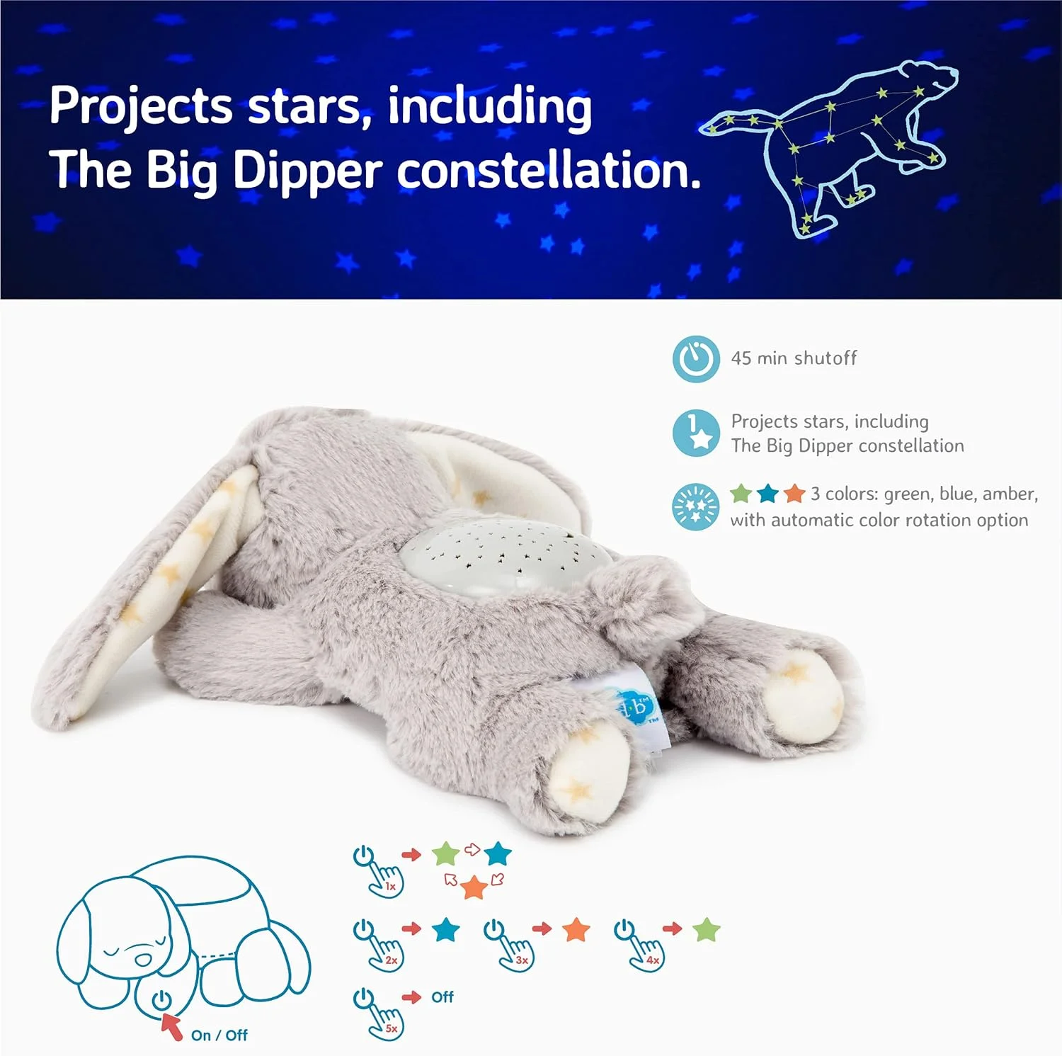Cloud b Dream Buddies Benny the Bunny - چراغ خواب مینی آرامش بخش کودک که بچه ها عاشقش هستند | کمک خواب پروژکتور ستاره ای با چراغ های ملایم و خاموش شدن خودکار | اسباب بازی های ضروری نوزاد