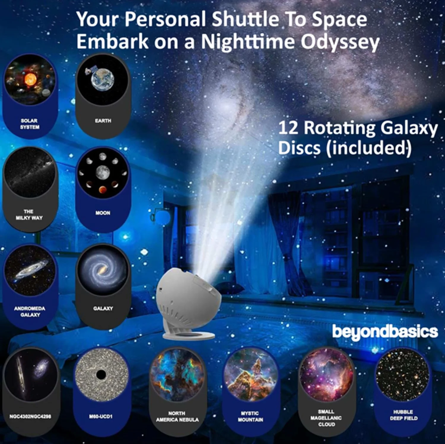 چراغ پروژکتور کهکشان Beyond Basics - قابل تنظیم 360 درجه، 12 دیسک قابل تعویض 4K - آسماننمای خانگی - پروژکتور LED زیبا - پروژکتور ستارهای، هدیه تولد ایدهآل - ارائه سیاره برای کودکان چراغ پروژکتور کهکشان Beyond Basics - قابل تنظیم 360 درجه، 12 دیسک قابل تعویض 4K - آسماننمای خانگی - پروژکتور LED زیبا - پروژکتور ستارهای، هدیه تولد ایدهآل - ارائه سیاره برای کودکان