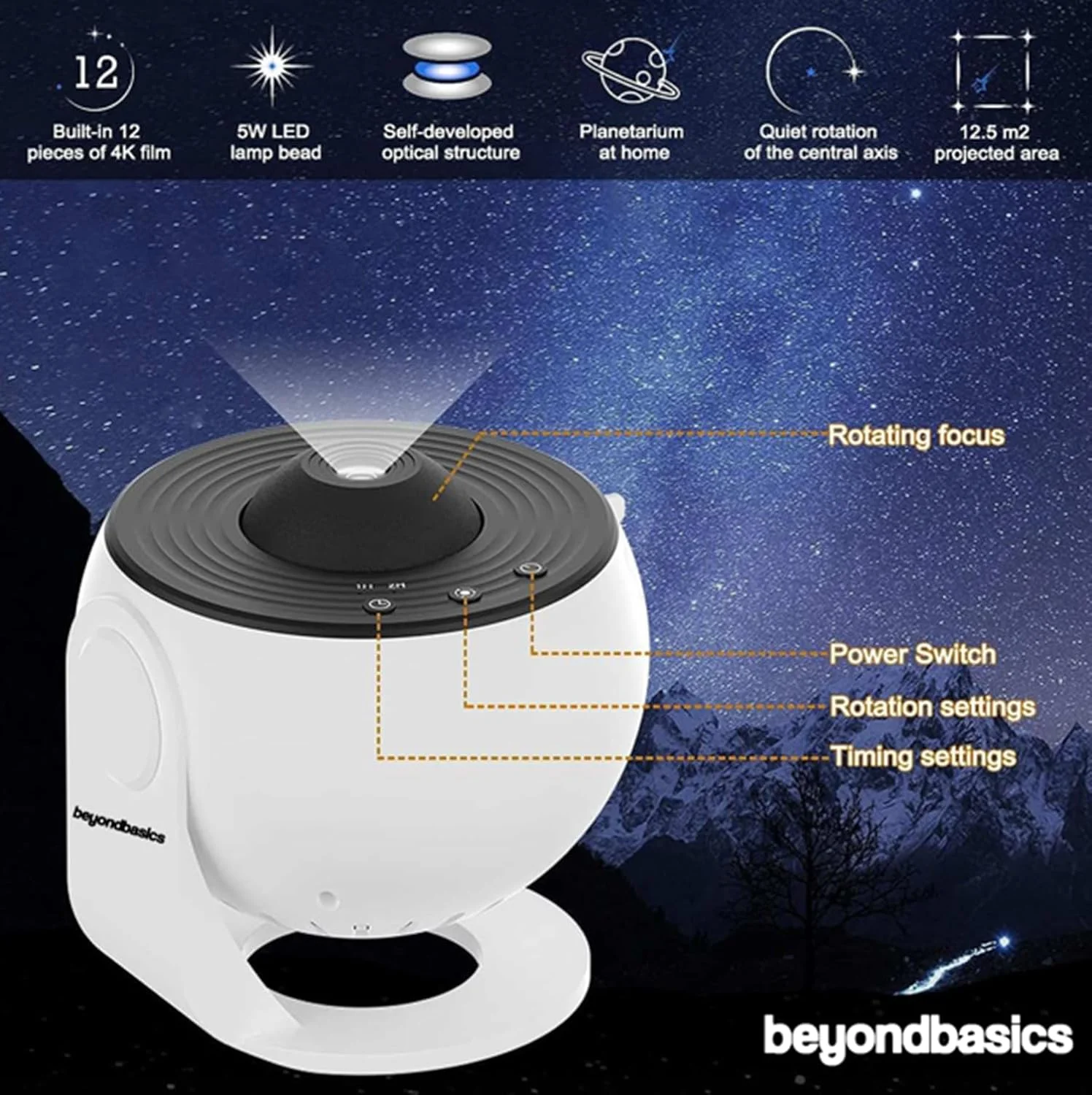 چراغ پروژکتور کهکشان Beyond Basics - قابل تنظیم 360 درجه، 12 دیسک قابل تعویض 4K - آسماننمای خانگی - پروژکتور LED زیبا - پروژکتور ستارهای، هدیه تولد ایدهآل - ارائه سیاره برای کودکان چراغ پروژکتور کهکشان Beyond Basics - قابل تنظیم 360 درجه، 12 دیسک قابل تعویض 4K - آسماننمای خانگی - پروژکتور LED زیبا - پروژکتور ستارهای، هدیه تولد ایدهآل - ارائه سیاره برای کودکان