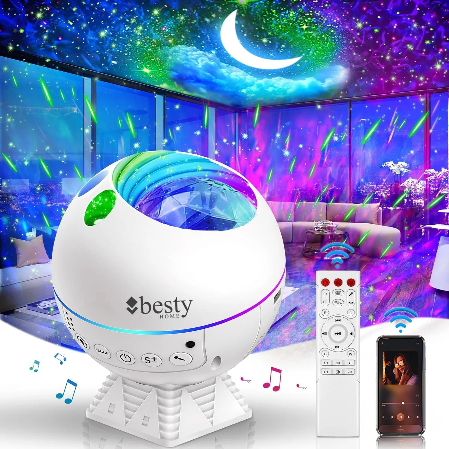 پروژکتور کهکشانی با قابلیت تنظیم 360 درجه، پخش کننده موسیقی، تایمر و بلوتوث، چراغ خواب کودک با نورهای تغییر رنگ دهنده، پروژکتور آسمان شب سحابی برای بزرگسالان و کودکان (سفید) پروژکتور کهکشانی با قابلیت تنظیم 360 درجه، پخش کننده موسیقی، تایمر و بلوتوث، چراغ خواب کودک با نورهای تغییر رنگ دهنده، پروژکتور آسمان شب سحابی برای بزرگسالان و کودکان (سفید)