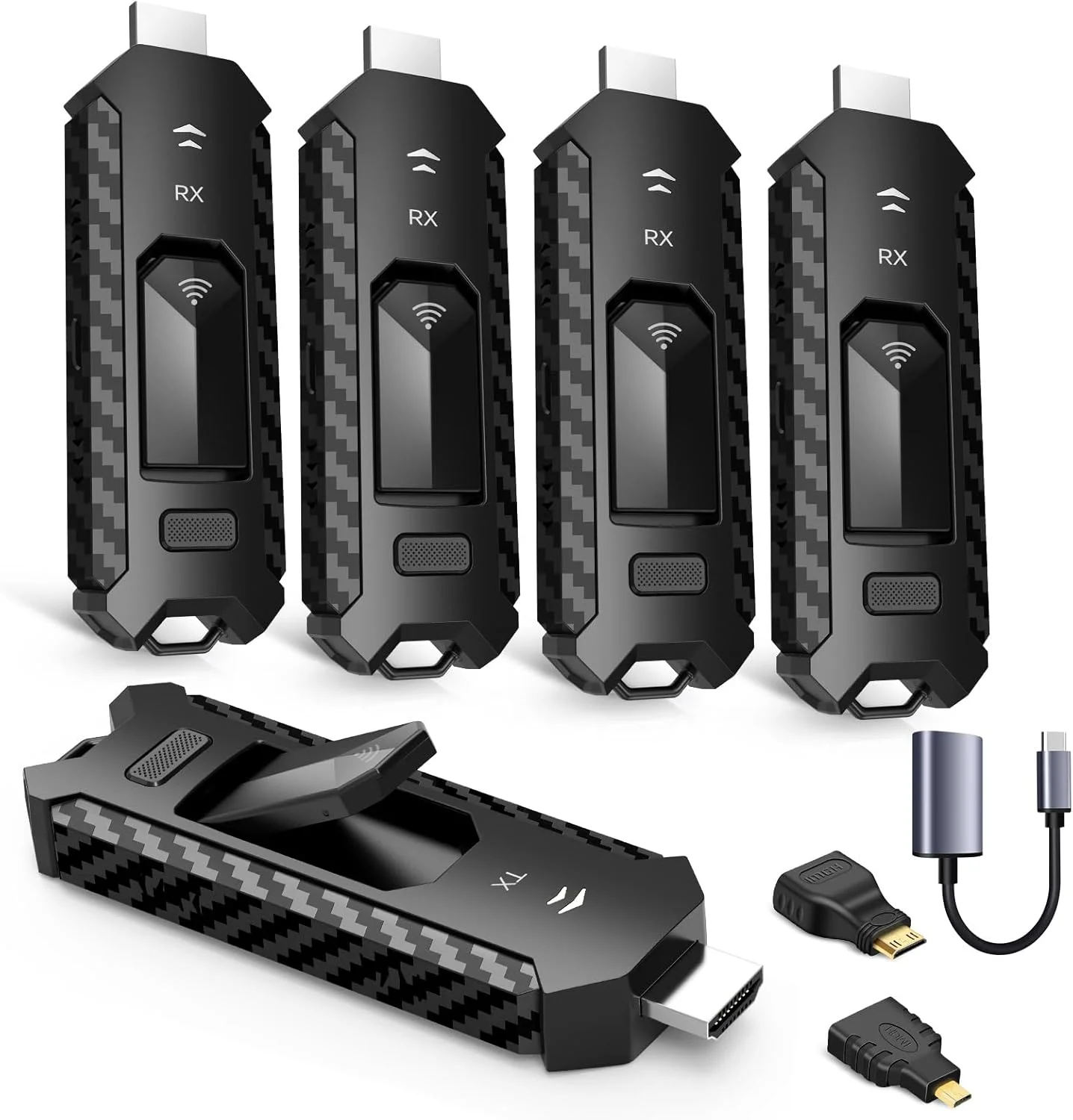 فرستنده HDMI بی سیم و چهار گیرنده، توسعه دهنده قابل حمل چند تلویزیونی، Plug and Play، کنترل حرارت، 5.8G/2.4G @60Hz 165FT/50M، پخش ویدئو به صورت بی سیم از لپ تاپ به چندین تلویزیون/مانیتور HDTV