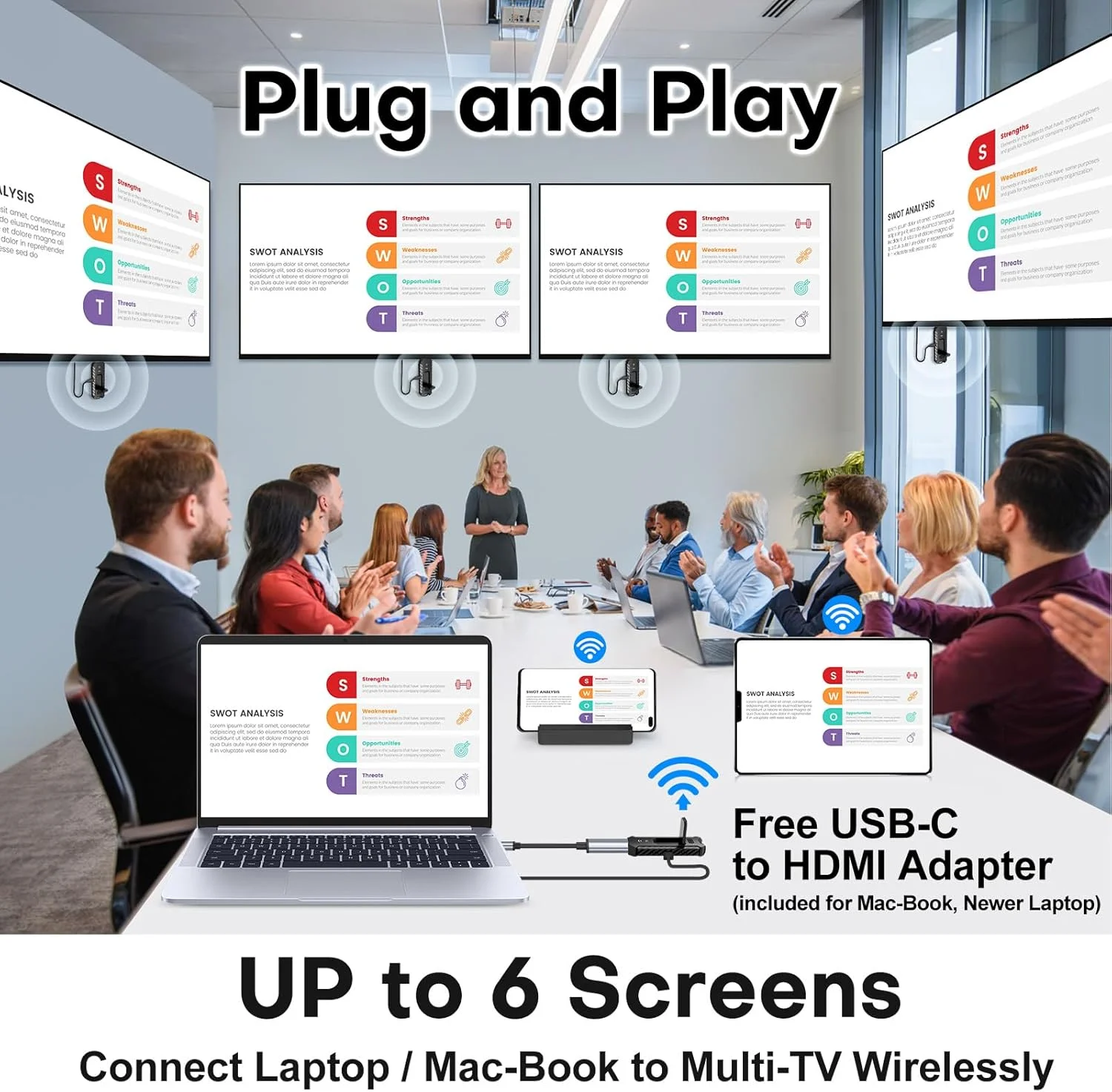 فرستنده HDMI بی سیم و چهار گیرنده، توسعه دهنده قابل حمل چند تلویزیونی، Plug and Play، کنترل حرارت، 5.8G/2.4G @60Hz 165FT/50M، پخش ویدئو به صورت بی سیم از لپ تاپ به چندین تلویزیون/مانیتور HDTV