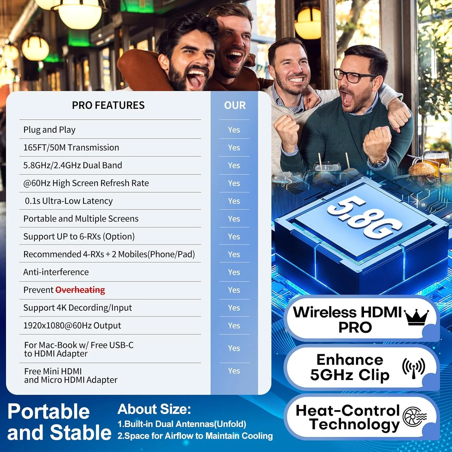 فرستنده HDMI بی سیم و چهار گیرنده، توسعه دهنده قابل حمل چند تلویزیونی، Plug and Play، کنترل حرارت، 5.8G/2.4G @60Hz 165FT/50M، پخش ویدئو به صورت بی سیم از لپ تاپ به چندین تلویزیون/مانیتور HDTV