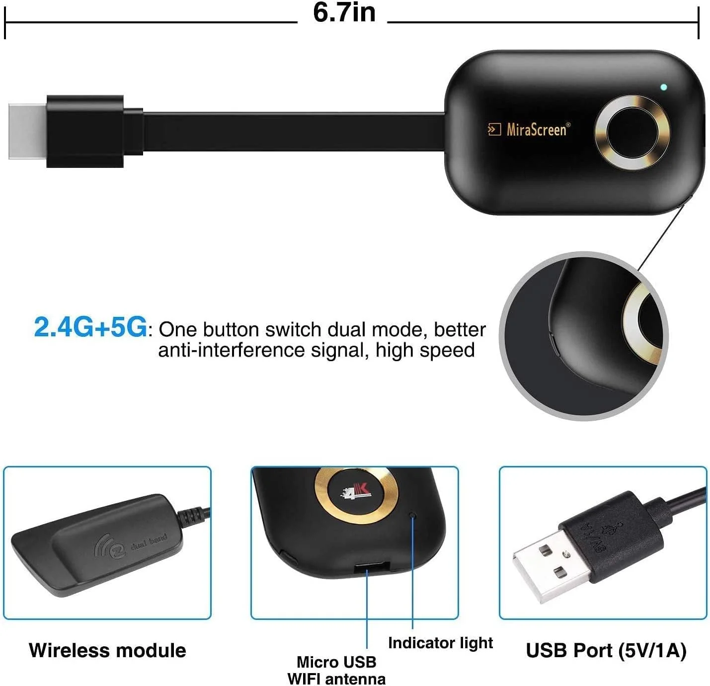 گیرنده نمایشگر بی سیم HDMI 5G G9 Plus، وای فای 5G/2.4G، کیفیت 4K 1080P، دانگل آداپتور انتقال تصویر موبایل برای آیفون، مک، iOS، اندروید به تلویزیون، پروژکتور، پشتیبانی از Miracast Airplay DLNA بدون نیاز به سوییچینگ