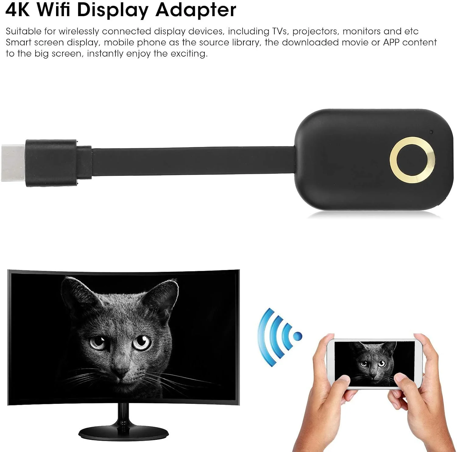 گیرنده نمایشگر وای فای بی سیم 4K، دانگل نمایشگر انتقال تصویر HDMI، کانکتور آداپتور HDMI وای فای، پشتیبانی از Miracast DLNA، برای اندروید iOS ویندوز OS X، برای پروژکتور مانیتور HDTV