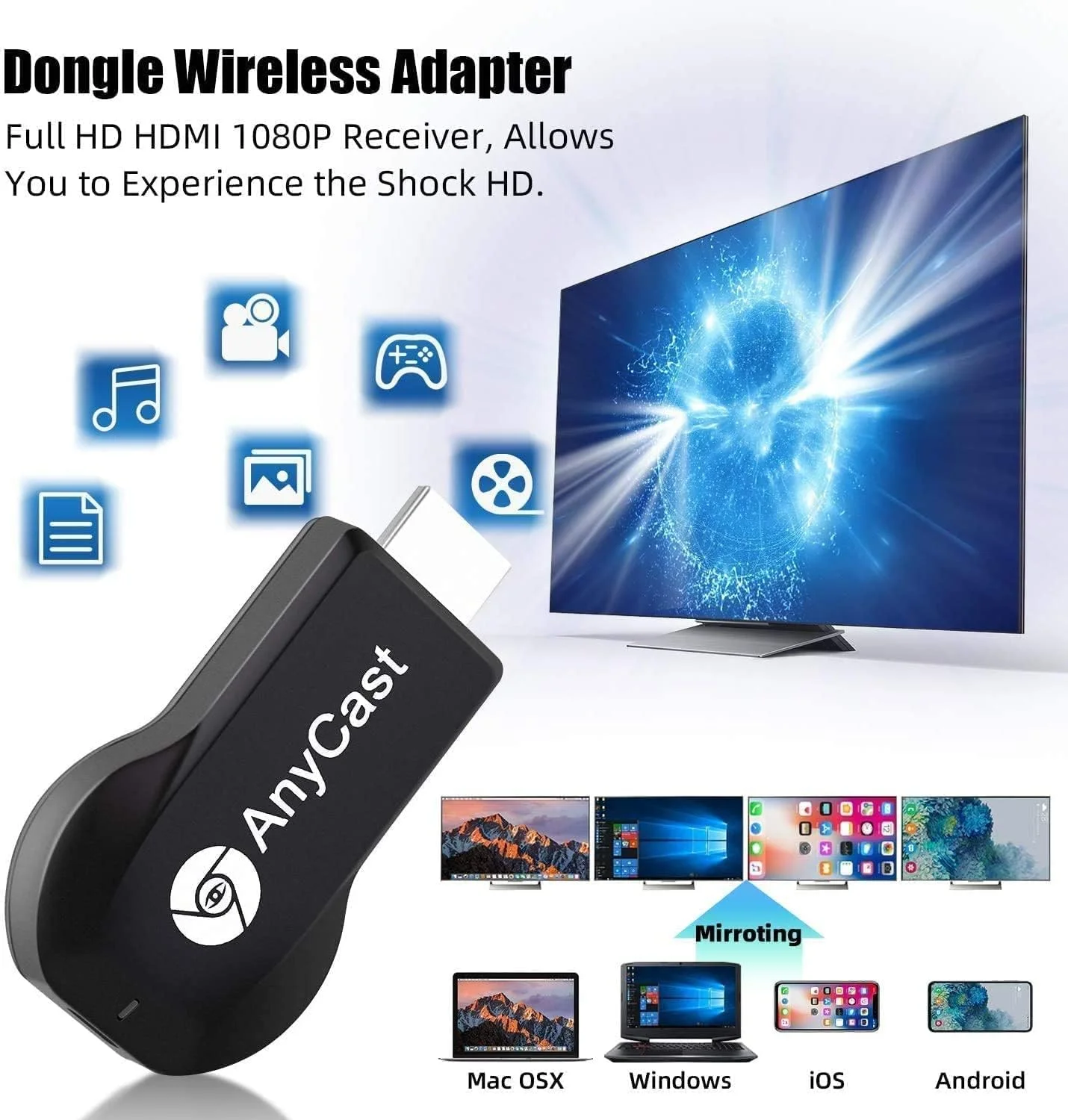 دانگل نمایشگر HDMI وای فای، آداپتور نمایشگر HDMI بی سیم 4K، دانگل گیرنده Mirroring صفحه نمایش موبایل 1080P به تلویزیون/پروژکتور سازگار با اندروید مک آی او اس ویندوز