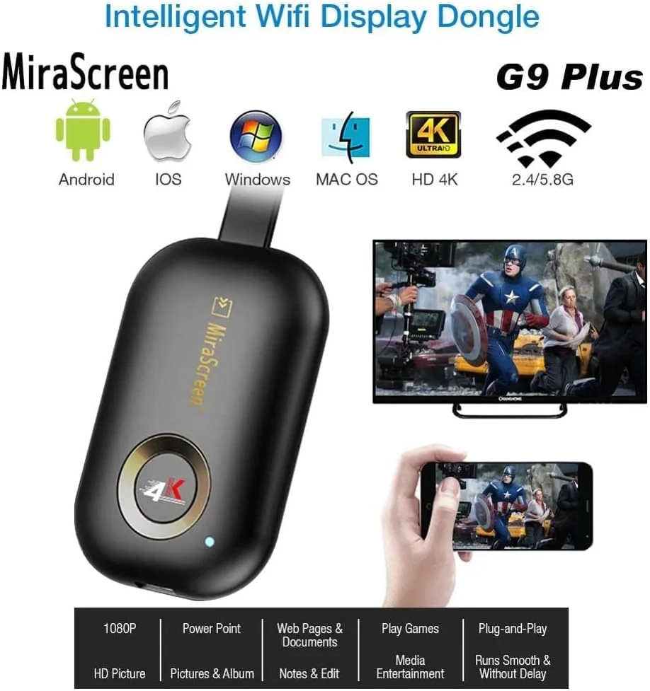 گیرنده نمایشگر بی سیم HDMI 5G G9 Plus، وای فای 5G/2.4G، کیفیت 4K 1080P، دانگل آداپتور انتقال تصویر موبایل برای آیفون، مک، iOS، اندروید به تلویزیون، پروژکتور، پشتیبانی از Miracast Airplay DLNA بدون نیاز به سوییچینگ