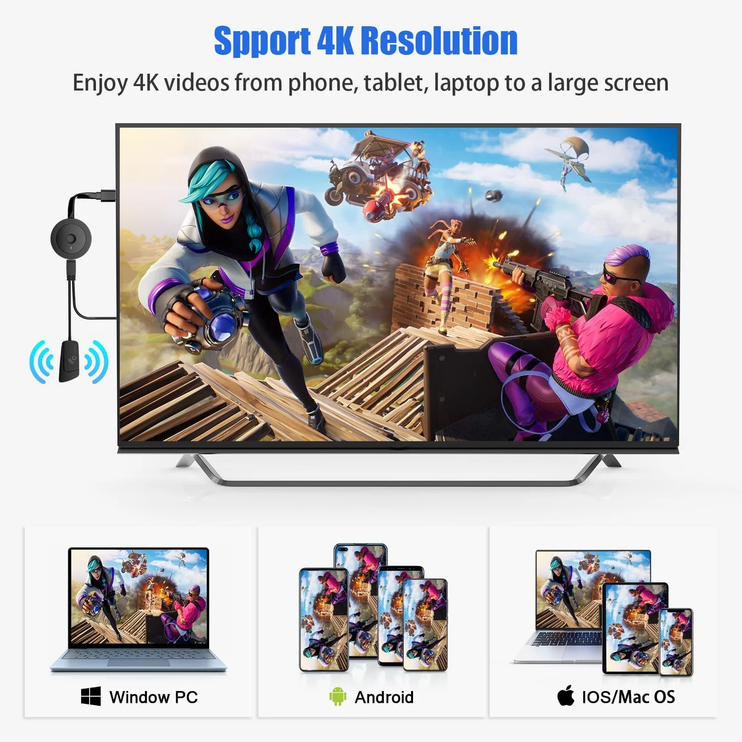 آداپتور نمایشگر HDMI بی سیم 4K، دانگل نمایشگر بازتاب صفحه نمایش، پخش ویدئو و صدا از i-Phone i-Pad تبلت لپ تاپ PC iOS Android Windows به تلویزیون پروژکتور مانیتور پشتیبانی از Airplay Miracast DLNA