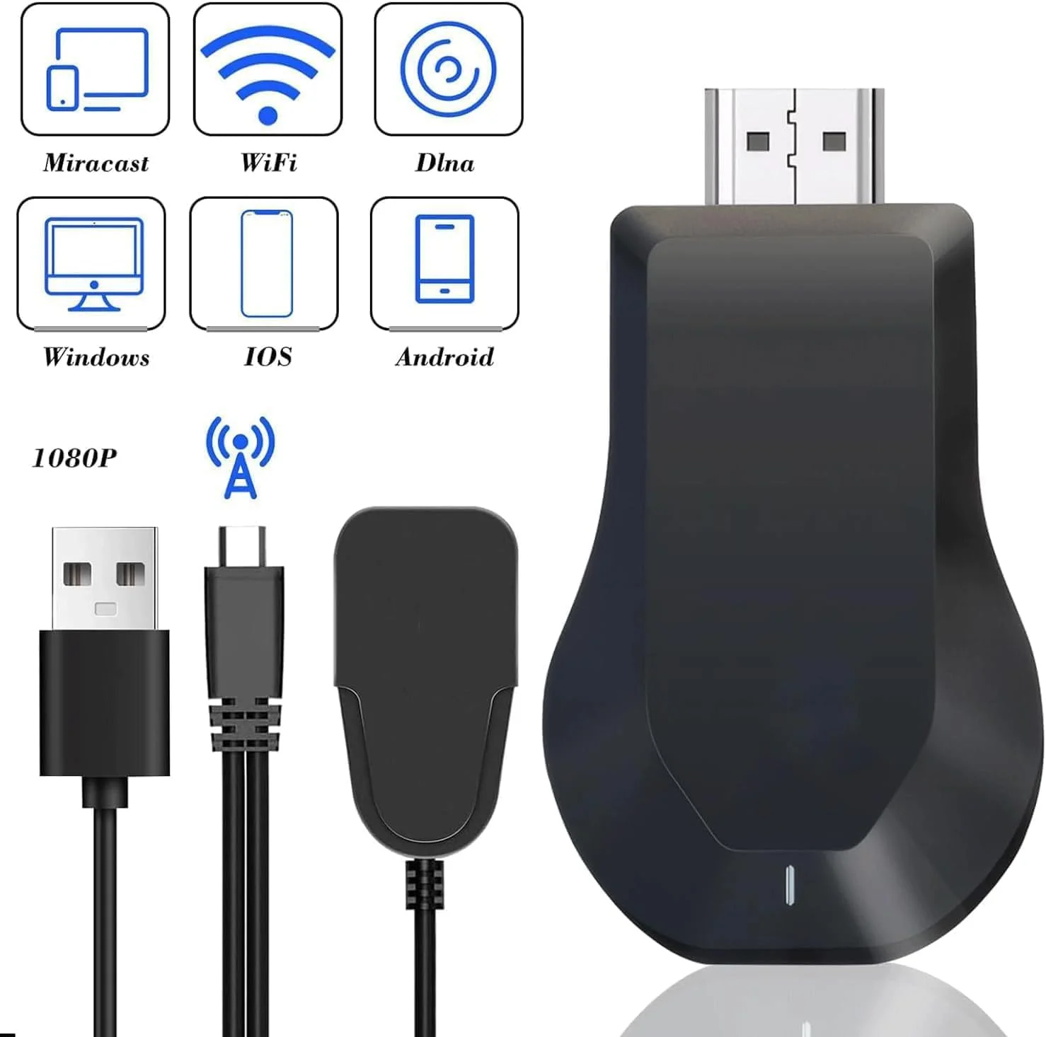 آداپتور نمایشگر بی‌سیم، دانگل آداپتور نمایشگر HDMI بی‌سیم، کلاینت استریمینگ آداپتور انتقال صفحه HDMI برای آیفون/آی‌پد/اندروید به پروژکتور تلویزیون، پشتیبانی از Miracast Airplay، 4K 1080P