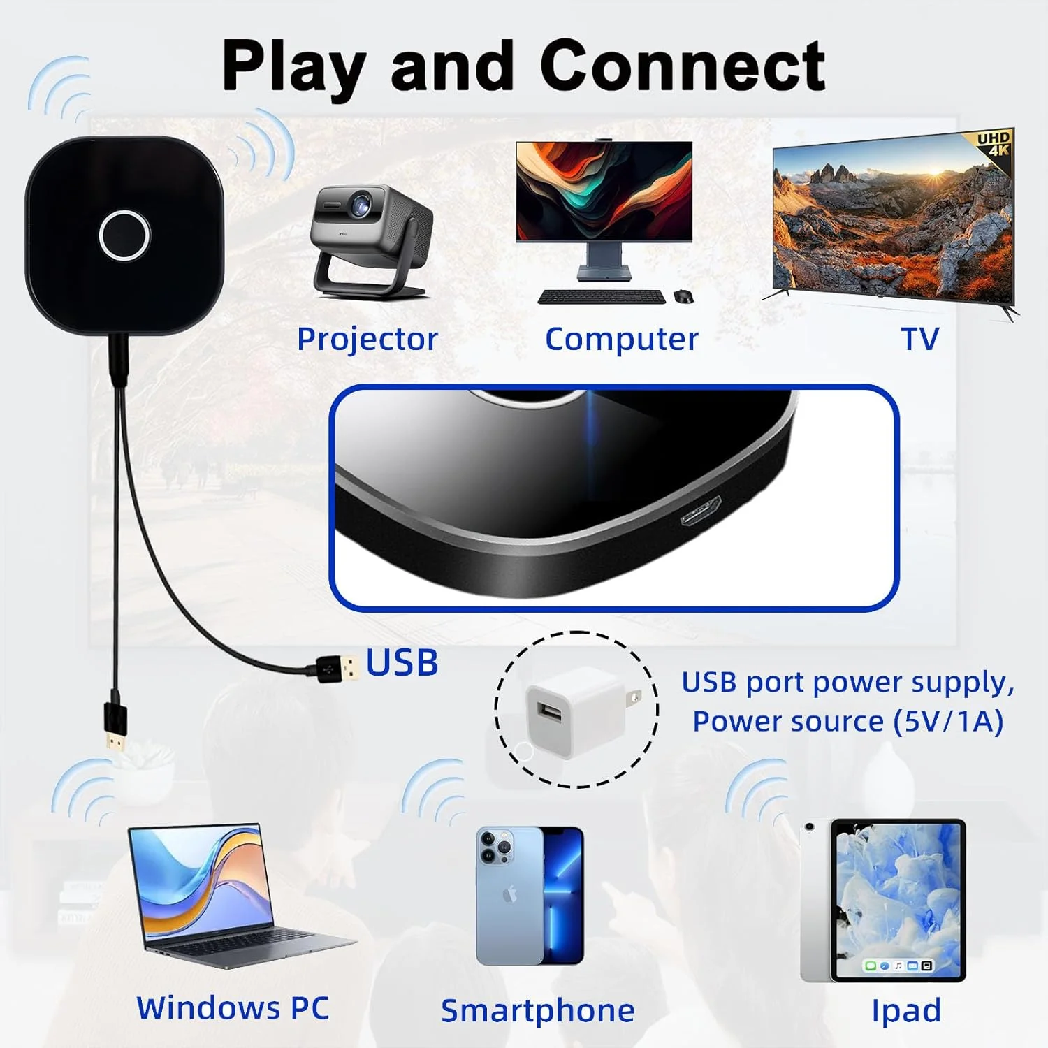 دانگل فرستنده و گیرنده HDMI بیسیم - پخش جریانی دو بانده 4K Ultra HD، اتصال و پخش آسان برای سینمای خانگی، دفتر کار و بازی (iOS/Android/PC/پروژکتور) دانگل فرستنده و گیرنده HDMI بیسیم - پخش جریانی دو بانده 4K Ultra HD، اتصال و پخش آسان برای سینمای خانگی، دفتر کار و بازی (iOS/Android/PC/پروژکتور)