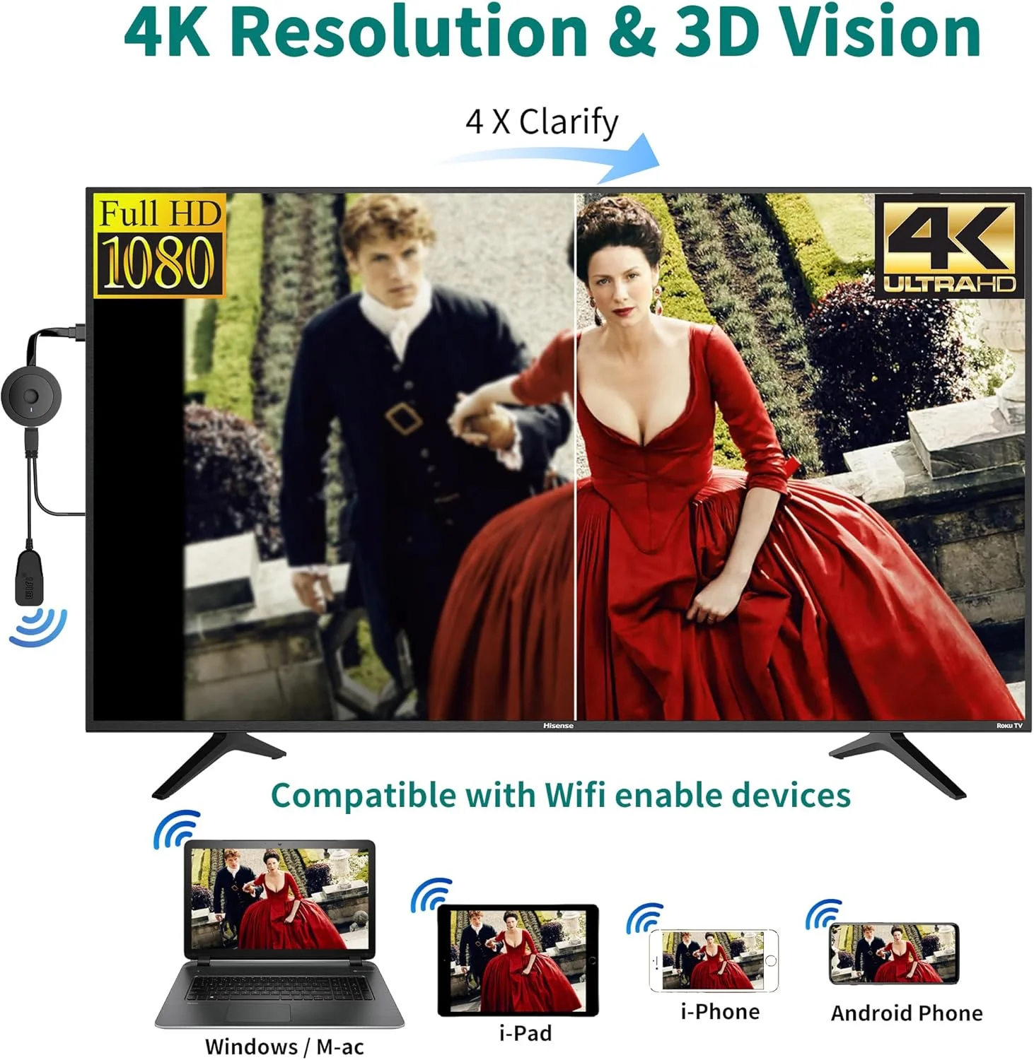 دانگل آداپتور HDMI بی‌سیم 4K 1080P، گیرنده نمایشگر استریم فیلم WiFi برای i-Phone، i-Pad، Android، تبلت، لپ‌تاپ، Windows به HDTV/مانیتور/پروژکتور، سازگار با Miracast، Air Play، DLNA