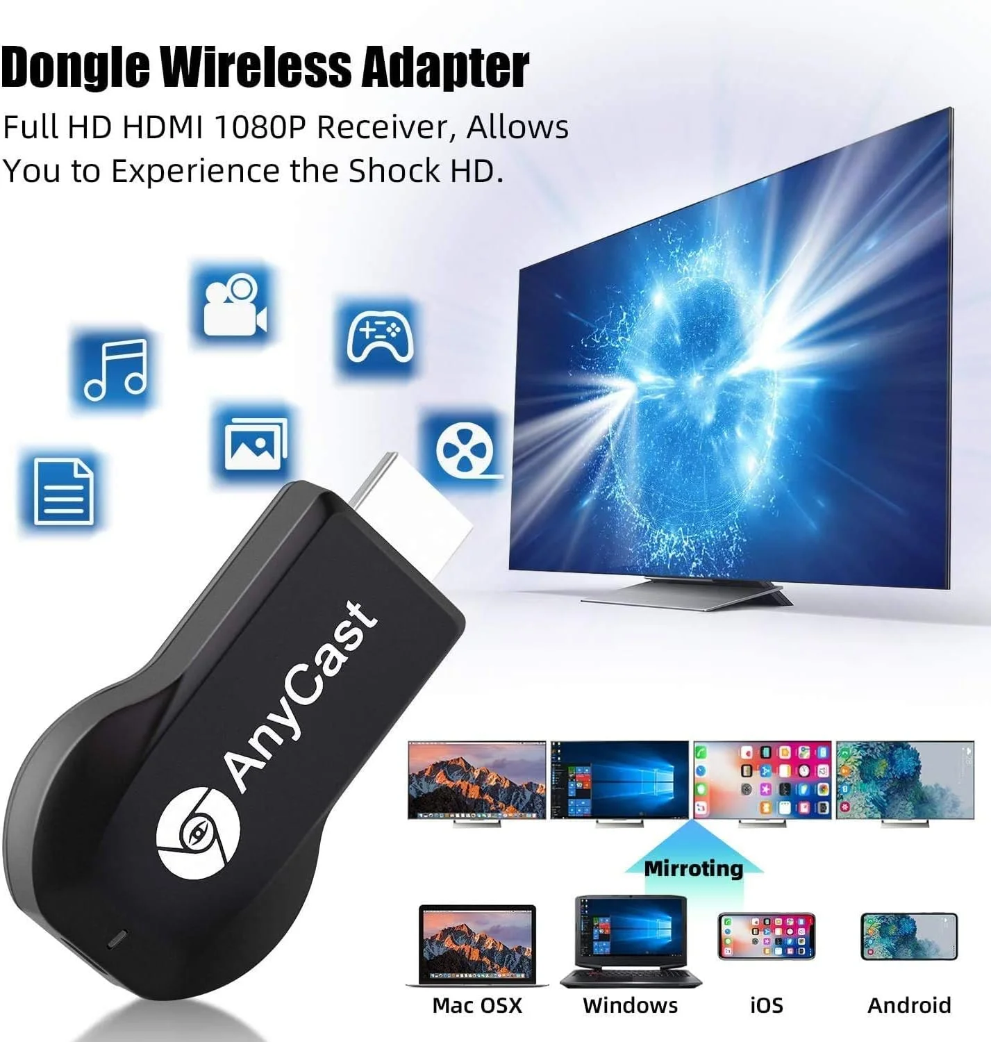 دانگل نمایشگر وای فای، آداپتور نمایشگر HDMI بی سیم 4K، دانگل گیرنده بازتاب صفحه نمایش موبایل 1080P به تلویزیون/پروژکتور سازگار با اندروید مک آی‌اواس ویندوز