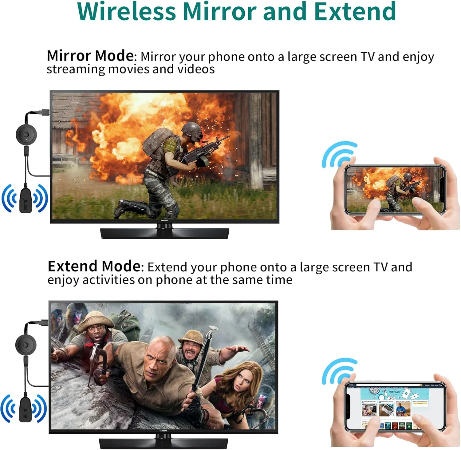 دانگل آداپتور HDMI بی‌سیم 4K 1080P، گیرنده نمایشگر استریم فیلم WiFi برای i-Phone، i-Pad، Android، تبلت، لپ‌تاپ، Windows به HDTV/مانیتور/پروژکتور، سازگار با Miracast، Air Play، DLNA