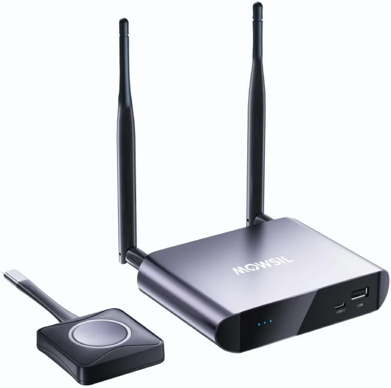 اکستندر بی‌سیم HDMI موسیل 4K از طریق وای‌فای 5 گیگاهرتز – برد 30 متر، آنتن دوتایی، بدنه آلیاژ آلومینیوم، بدون نیاز به درایور، سازگار با WIDI، Miracast، DLNA، AirPlay – مجموعه فرستنده و گیرنده (خاکستری)