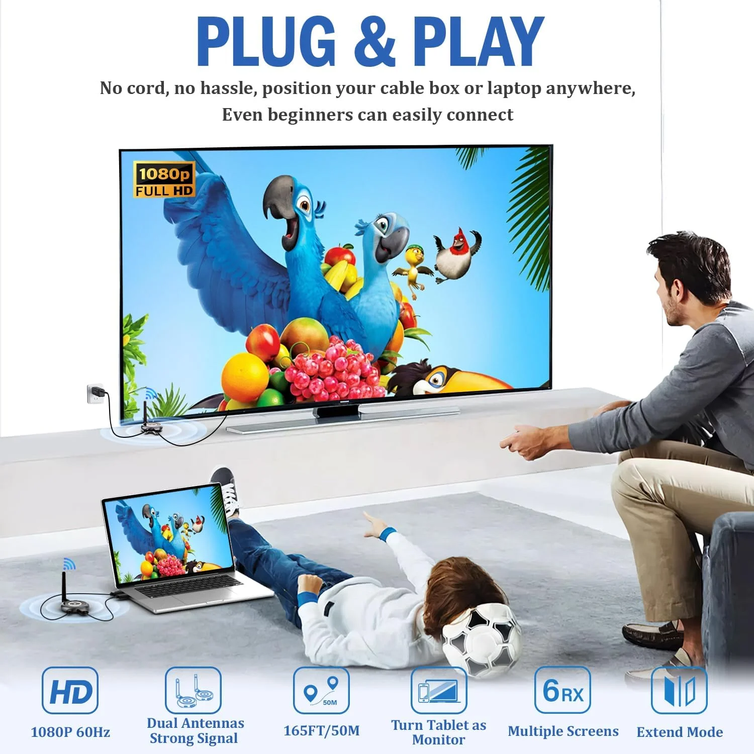 HDMI بیسیم، فرستنده بیسیم HDMI آیمیبو و 2 گیرنده 5.8G - انتقال بیسیم ویدیو از طریق انتقال رادیویی HDMI تا 50 متر از لپتاپ، رایانه شخصی، جعبه تلویزیون، دوربین به تلویزیون و پروژکتور، 1080P HDMI بیسیم، فرستنده بیسیم HDMI آیمیبو و 2 گیرنده 5.8G - انتقال بیسیم ویدیو از طریق انتقال رادیویی HDMI تا 50 متر از لپتاپ، رایانه شخصی، جعبه تلویزیون، دوربین به تلویزیون و پروژکتور، 1080P