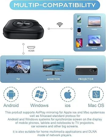 دانگل آداپتور HDMI بی‌سیم، دانگل نمایشگر بی‌سیم 4K برای تلویزیون، دانگل HDMI Miracast HiFi فول اچ‌دی، پخش ویدیو از صفحه نمایش اندروید/OS/ویندوز/مک OS لپ‌تاپ، تلفن، تبلت، کامپیوتر، مانیتور HDTV