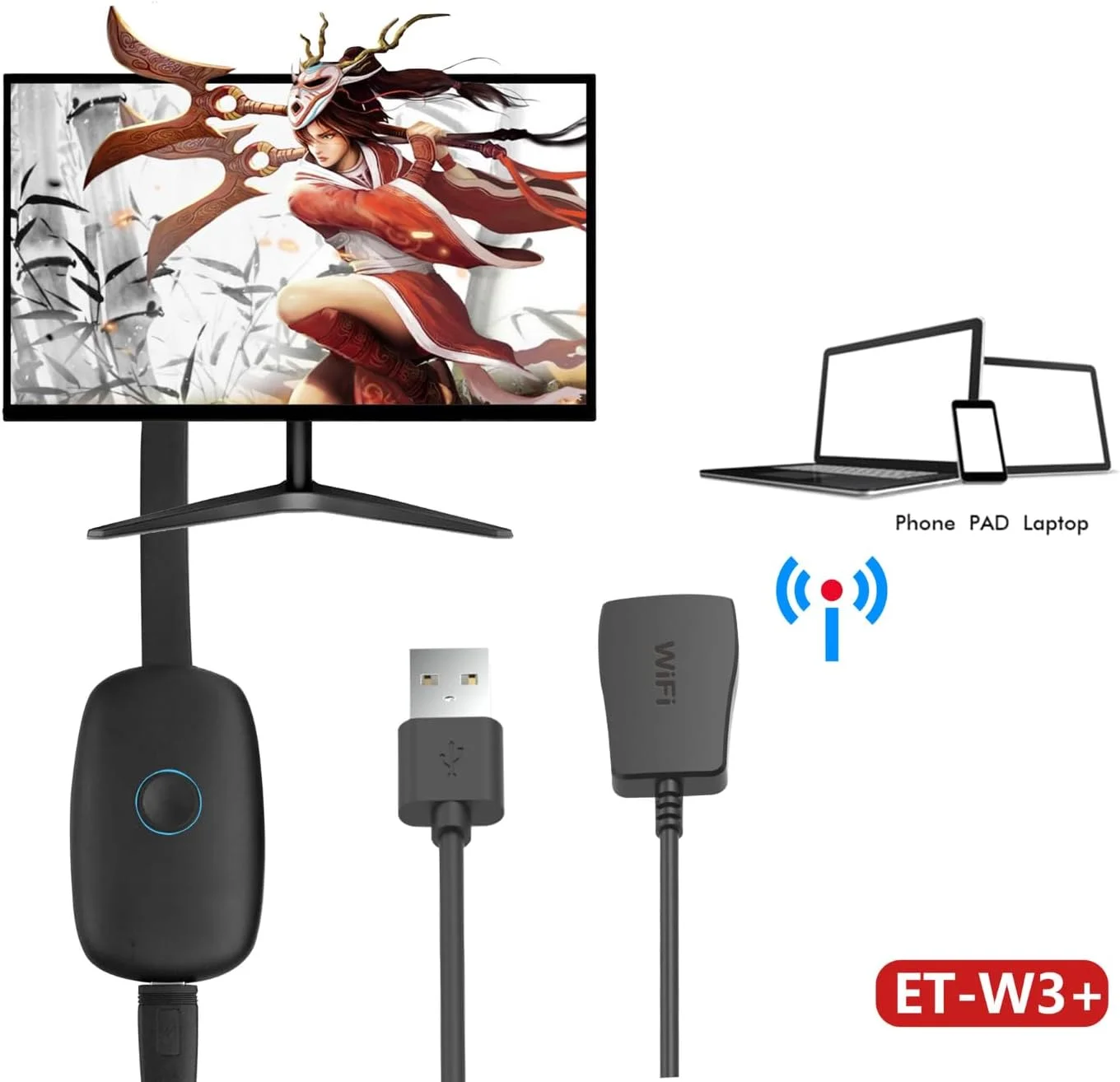 دانگل نمایشگر بی سیم آداپتور AV مدل W3+ – گیرنده انتقال تصویر 4K UHD HDMI برای تلویزیون، پروژکتور و مانیتور – سازگار با iOS، اندروید، ویندوز و macOS