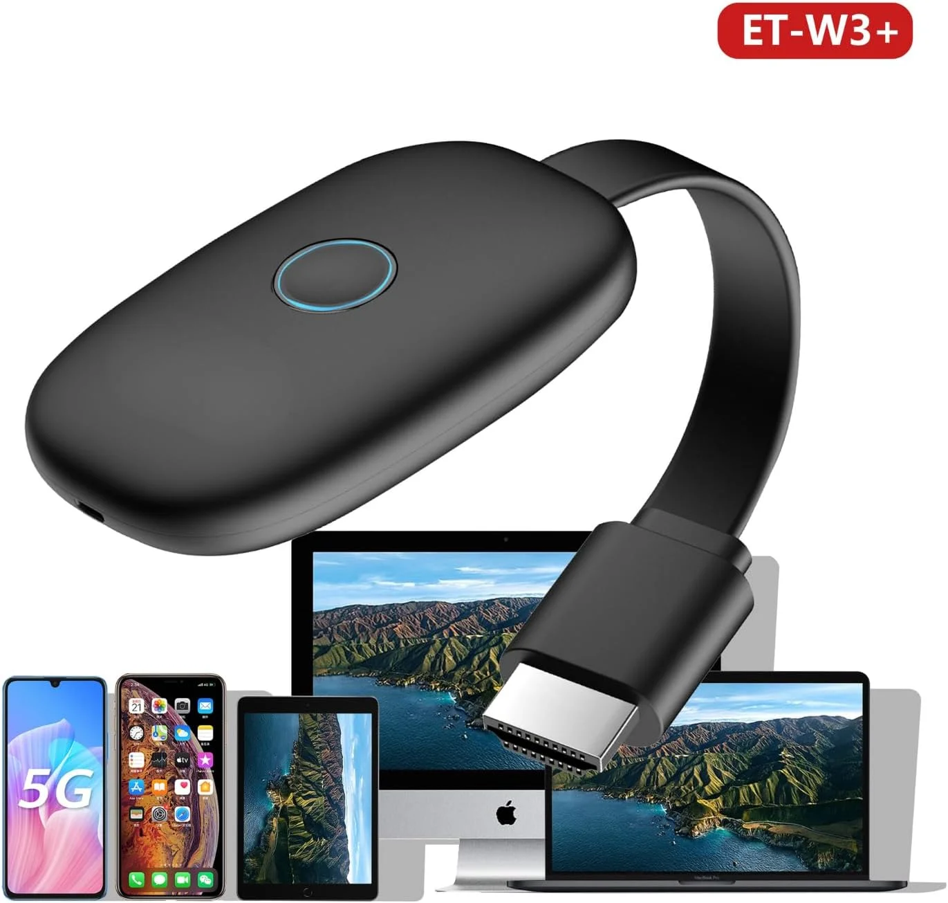 دانگل نمایشگر بی سیم آداپتور AV مدل W3+ – گیرنده انتقال تصویر 4K UHD HDMI برای تلویزیون، پروژکتور و مانیتور – سازگار با iOS، اندروید، ویندوز و macOS