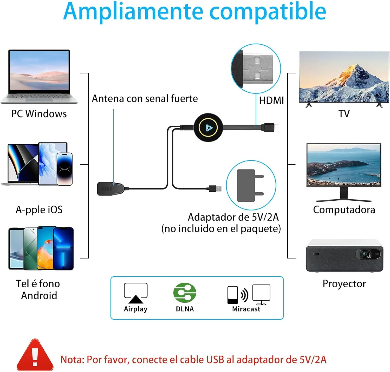 دانگل HDMI وایرلس، دانگل نمایشگر وای فای بی سیم، سازگار با i-Phone/i-Pad/Android/i-OS، برای تلویزیون/مانیتور (پشتیبانی از Miracast، DLNA، Airplay)