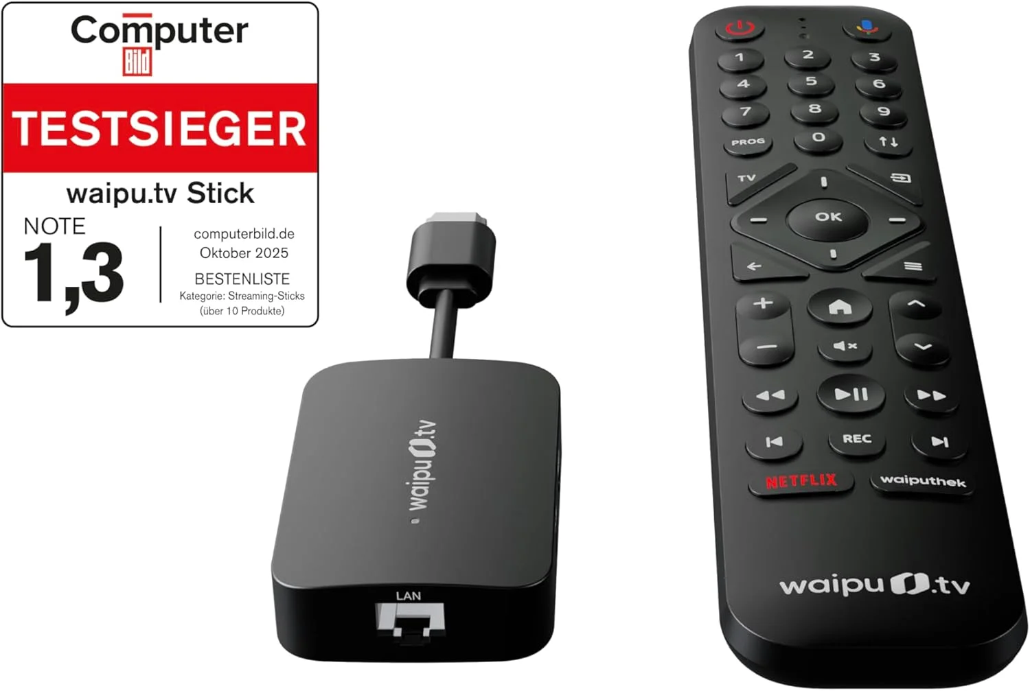 استیک waipu.tv (نسل دوم) | شامل ریموت کنترل با دکمه های شماره گیری سریع و نور پس زمینه | تلویزیون از طریق Wi-Fi | LAN | HDMI | 4K | HDR10+ | Dolby Atmos | کوپن برای 3 ماه پرفکت پلاس استیک waipu.tv (نسل دوم) | شامل ریموت کنترل با دکمه های شماره گیری سریع و نور پس زمینه | تلویزیون از طریق Wi-Fi | LAN | HDMI | 4K | HDR10+ | Dolby Atmos | کوپن برای 3 ماه پرفکت پلاس