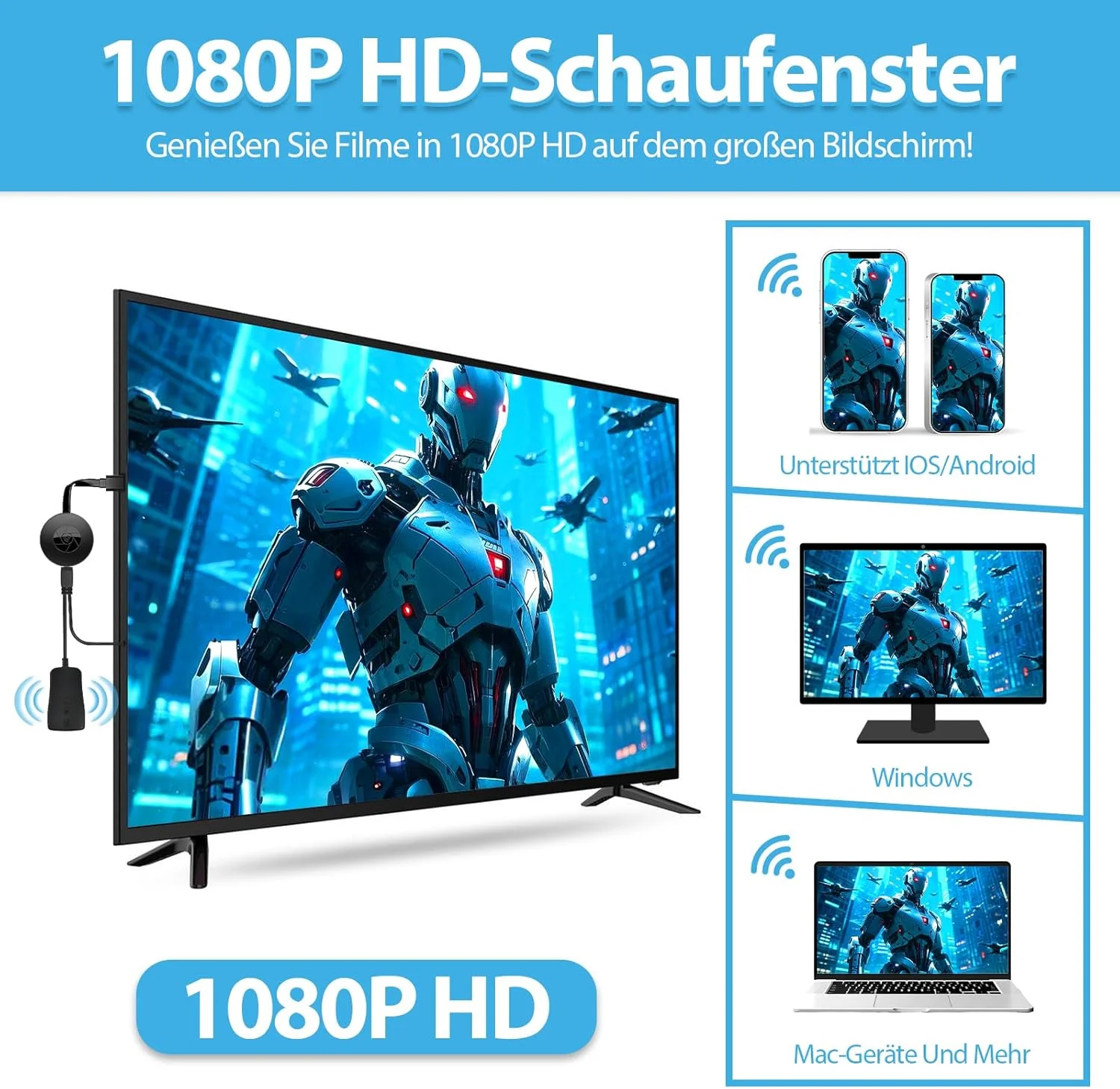 آداپتور HDMI بی سیم 1080P HD با قابلیت اتصال به وای فای 5G، سازگار با Airplay/Miracast/DLNA برای آیفون/آیپد/اندروید/ویندوز/مک - اتصال آسان، انتقال فوری HDTV برای تلویزیون/پروژکتور