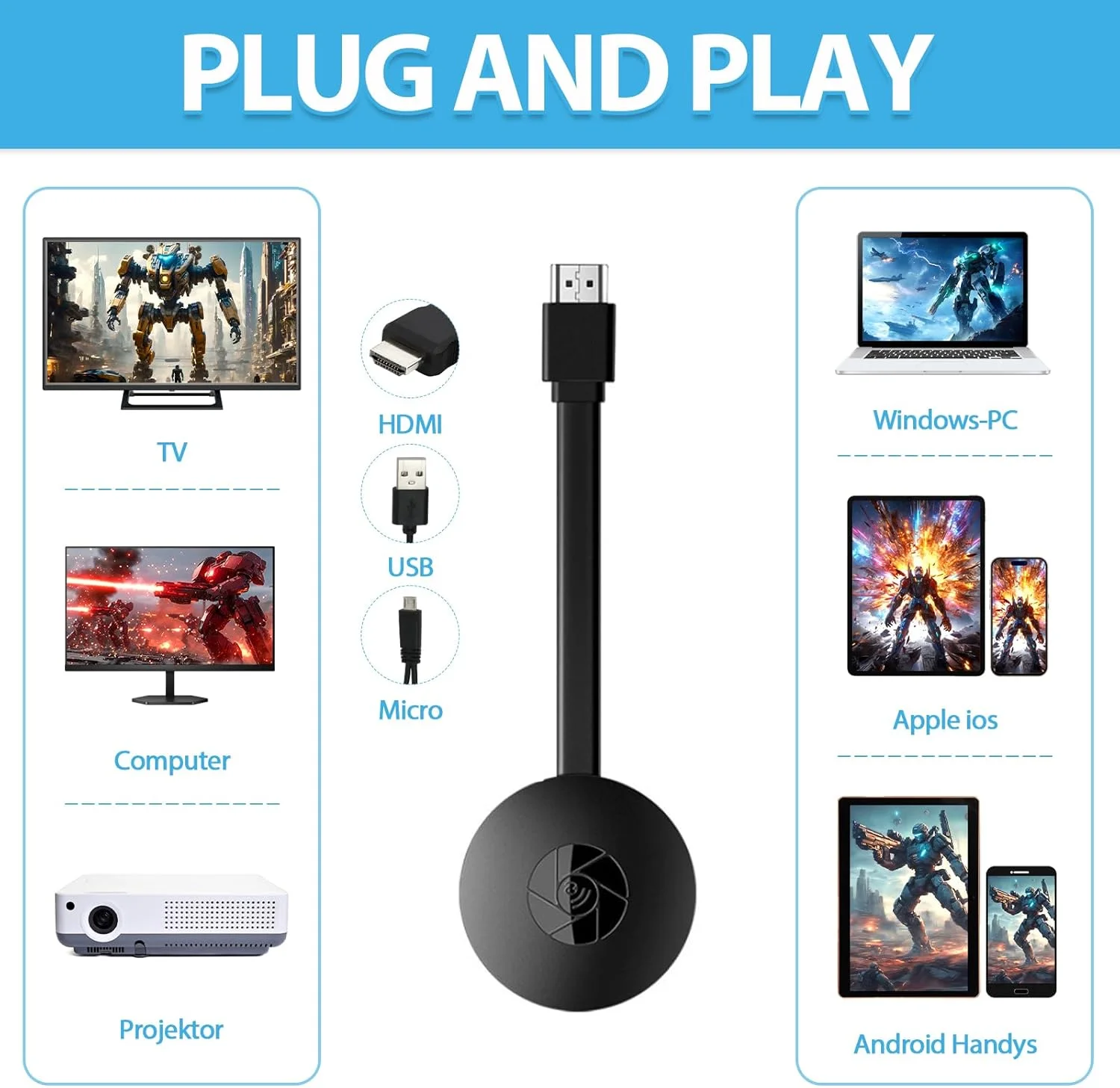 آداپتور HDMI بی سیم 1080P HD با قابلیت اتصال به وای فای 5G، سازگار با Airplay/Miracast/DLNA برای آیفون/آیپد/اندروید/ویندوز/مک - اتصال آسان، انتقال فوری HDTV برای تلویزیون/پروژکتور