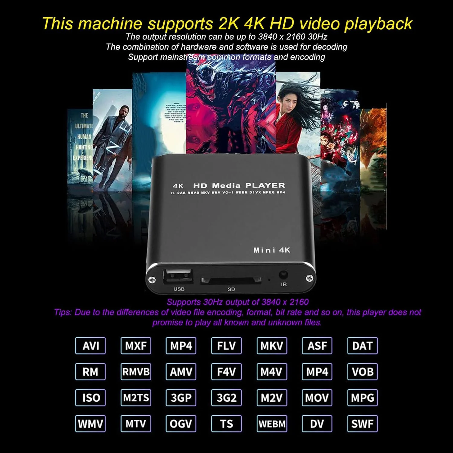 پخش کننده ویدئو HD، پخش کننده رسانه دیجیتال MP28 با کیفیت 4K و رزولوشن 3840 x 2160 و نرخ 30 هرتز، 4 گیگابایت، پخش کننده رسانه کوچک HDMI/AV/USB/کارت های حافظه (دوشاخه آمریکایی)