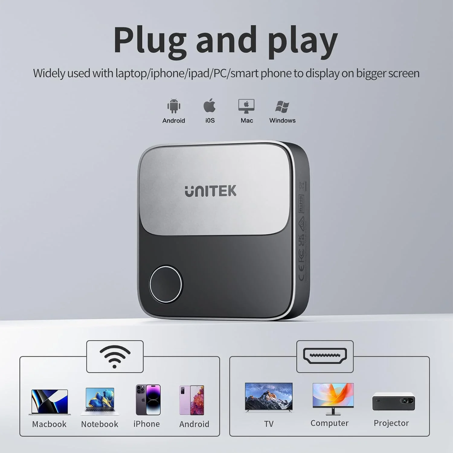 دانگل آداپتور نمایشگر HDMI بی سیم Unitek، گیرنده Screen Mirroring، 2.4G/5G، دستگاه پخش 4K برای تلویزیون، آداپتور/اکستندر Screen Mirroring برای پخش ویدئو به مانیتور از Mac iOS Android Windows