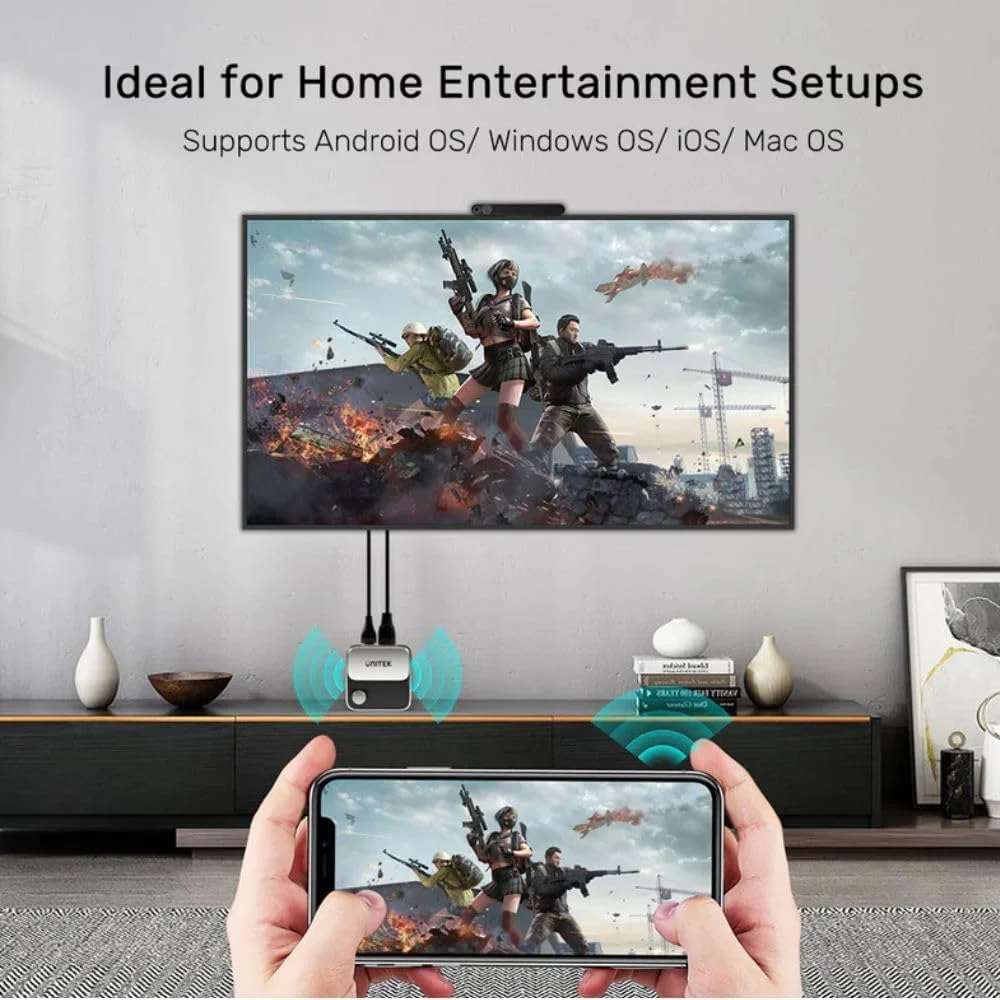 آداپتور انتقال تصویر بیسیم 4K@60Hz یونیتک، سازگار با سیستمعاملهای مختلف، مشکی و خاکستری آداپتور انتقال تصویر بیسیم 4K@60Hz یونیتک، سازگار با سیستمعاملهای مختلف، مشکی و خاکستری