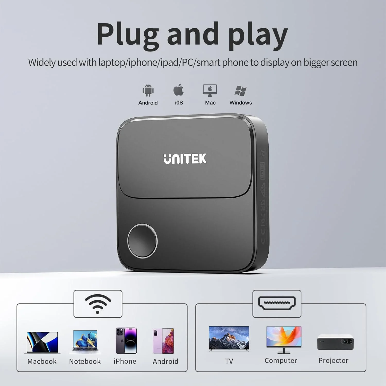 دانگل آداپتور نمایشگر HDMI بی سیم Unitek - آداپتور 2.4G/5G 4K Miracast/Airplay، وای فای HDMI برای تلویزیون/پروژکتور/مانیتور، پخش تصویر 4K@60Hz برای Miracast/iOS/Mac OS/Airplay/Android/Windows/DLNA دانگل آداپتور نمایشگر HDMI بی سیم Unitek - آداپتور 2.4G/5G 4K Miracast/Airplay، وای فای HDMI برای تلویزیون/پروژکتور/مانیتور، پخش تصویر 4K@60Hz برای Miracast/iOS/Mac OS/Airplay/Android/Windows/DLNA